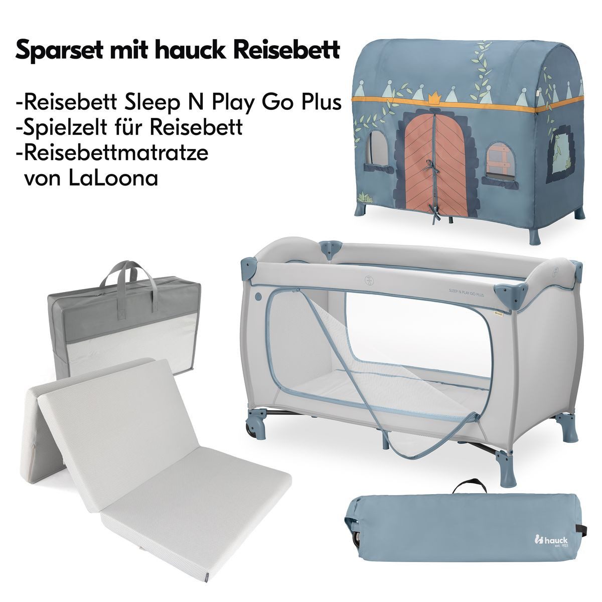 Hauck Baby-Reisebett Sleep N Play Go Plus Set - Palace - Dusty Blue, Baby Kinder Reisebett mit Seiteneingang, Matratze, Spielzelt & Rollen