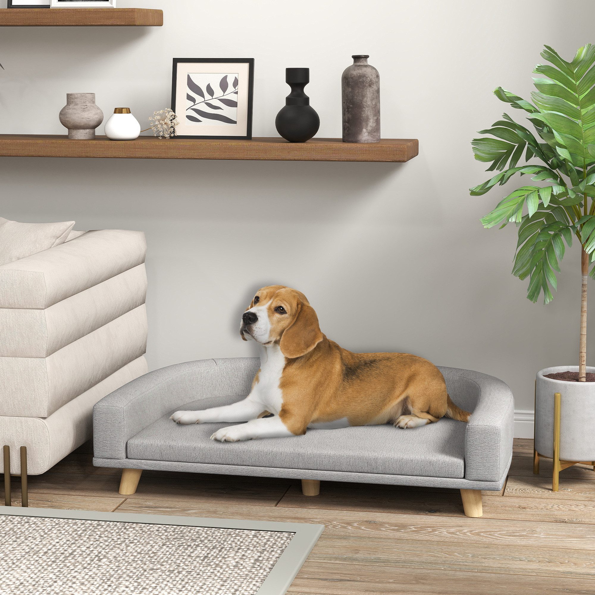 PawHut Tierbett Hundesofa Hundecouch mit Rückenlehne für große Hunde bis 30 kg, Polyester, mit Holzbeine, Grau, 98 x 67 x 25 cm