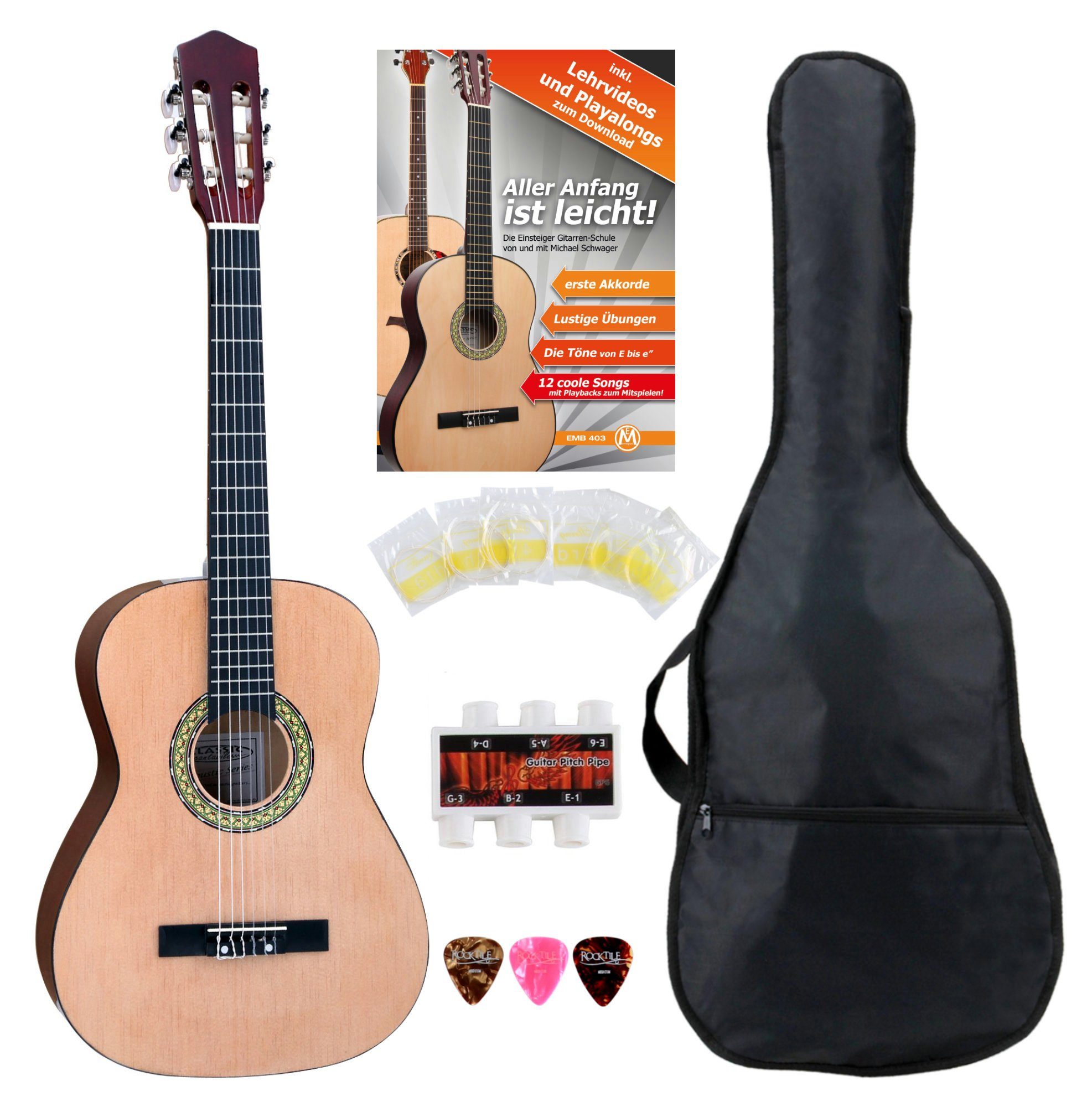 Classic Cantabile Konzertgitarre AS-861 Klassikgitarre, 3/4, Set mit Tasche, Schule, Stimmpfeife, Plektren, Saiten