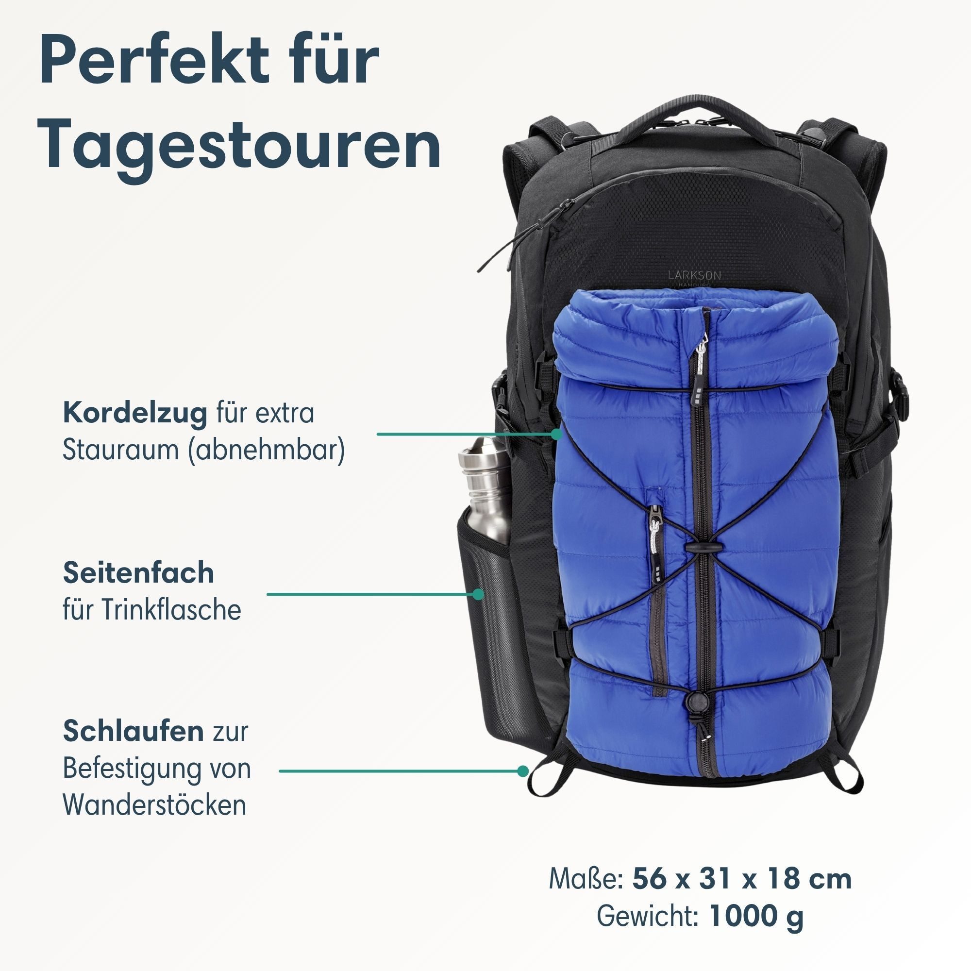 LARKSON Wanderrucksack Klint Large Rucksack 34 L mit Trinkblasenöffnung (1-tlg), Outdoorrucksack für Radfahren, Bergsteigen, Wandern, Camping