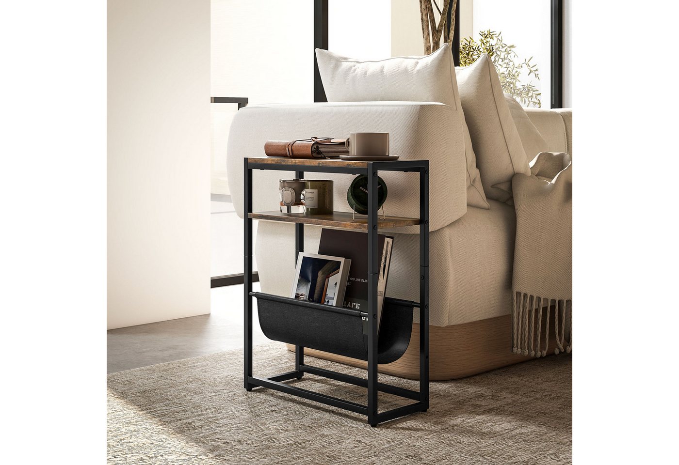 HOMCOM Beistelltisch Schmaler, mit 3-stuf. Ablage, V-förm. Magazinhalter, industriell (Couchtisch, 1-St., Nachttisch), 43 x 18 x 56 cm, Rustikal Braun