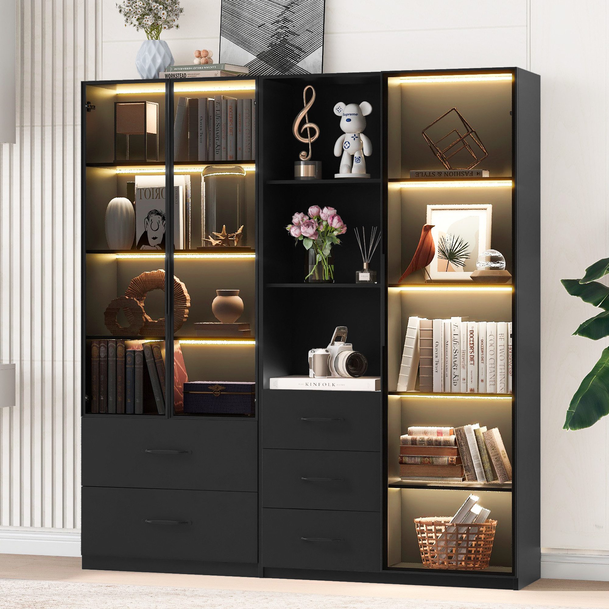 Flieks Vitrine Glasvitrine mit LED-Beleuchtung, 5 Schubladen und 3 Glastüren (1-St., B140/T40/H160 cm) Hochschrank Bücherregal Multifunktionsschrank mit Fächern Schwarz