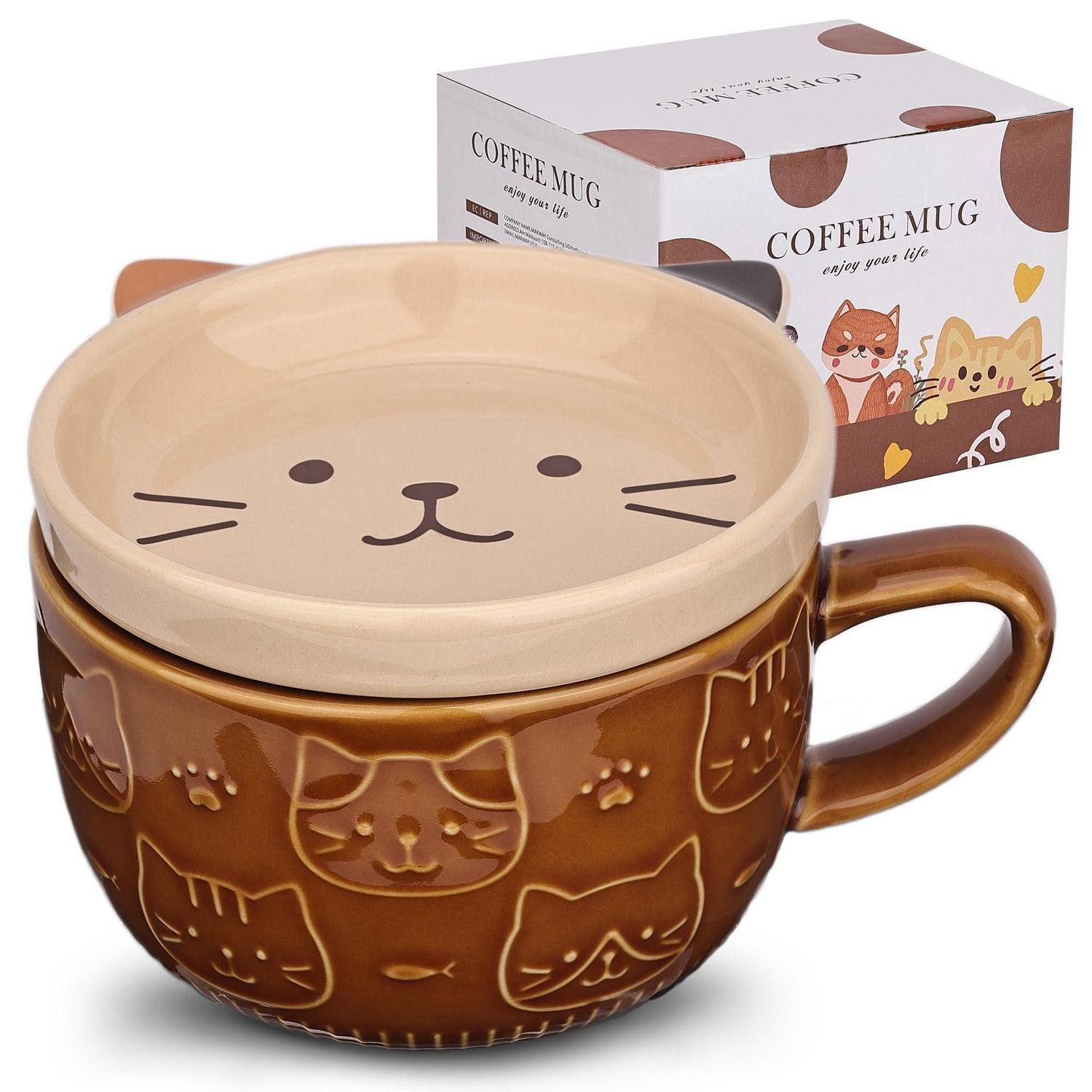 LuxusKollektion Tasse Katzen Tasse mit Deckel Keramik Braun, Keramik