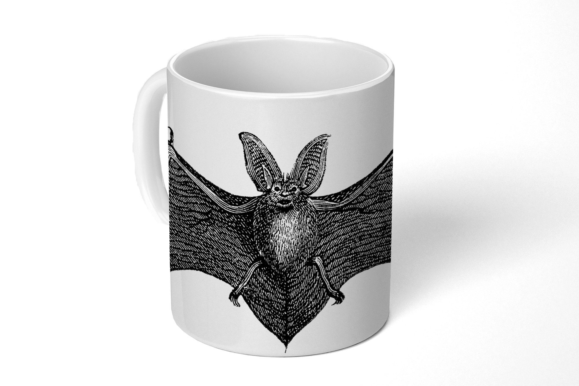 MuchoWow Tasse Illustration einer Fledermaus mit großen Ohren in Schwarz und Weiß, Keramik, Kaffeetassen, Teetasse, Becher, Teetasse, Geschenk