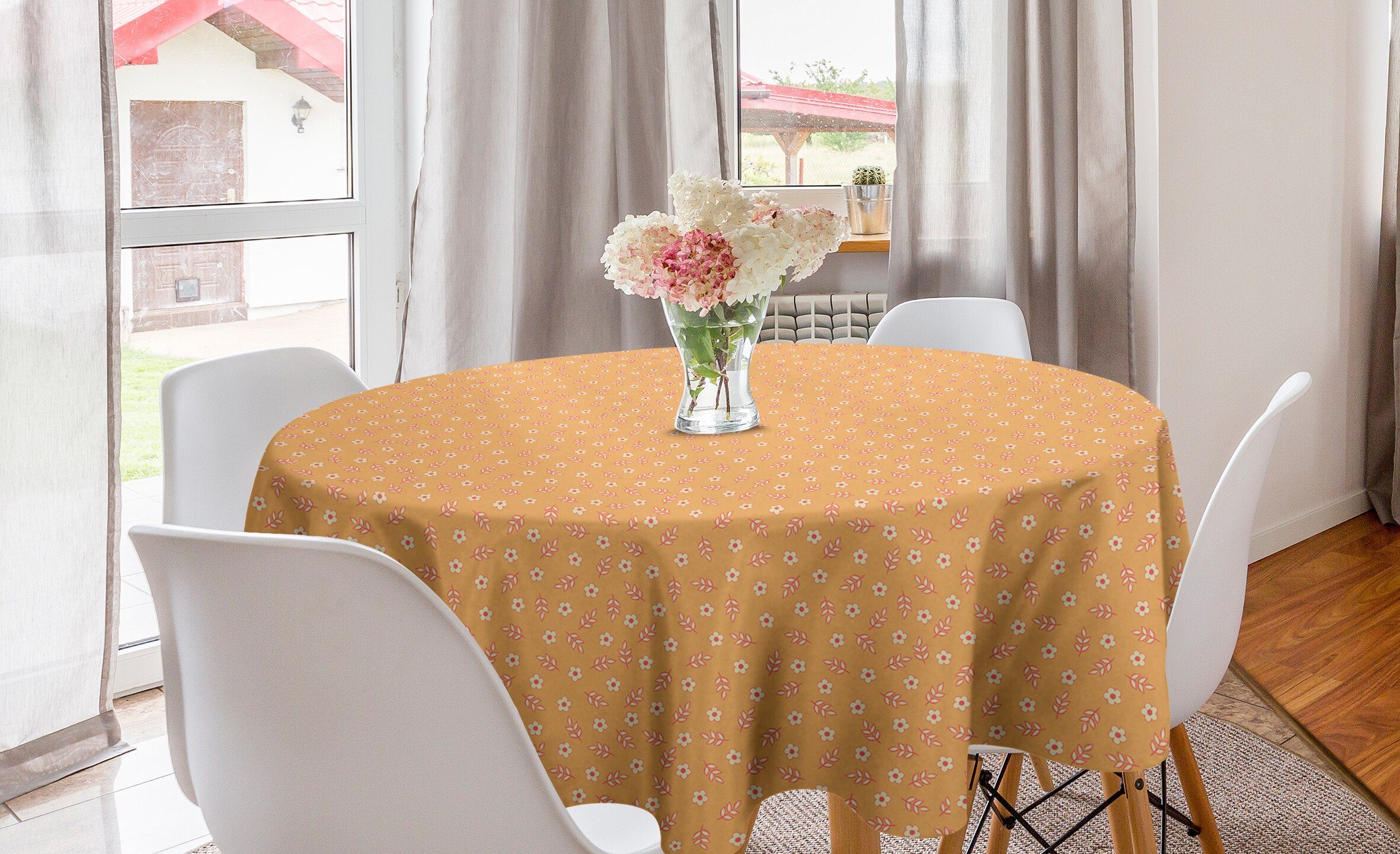 Abakuhaus Tischdecke Kreis Tischdecke Abdeckung für Esszimmer Küche Dekoration, Frühling Daisy Blossom Frisches Laub