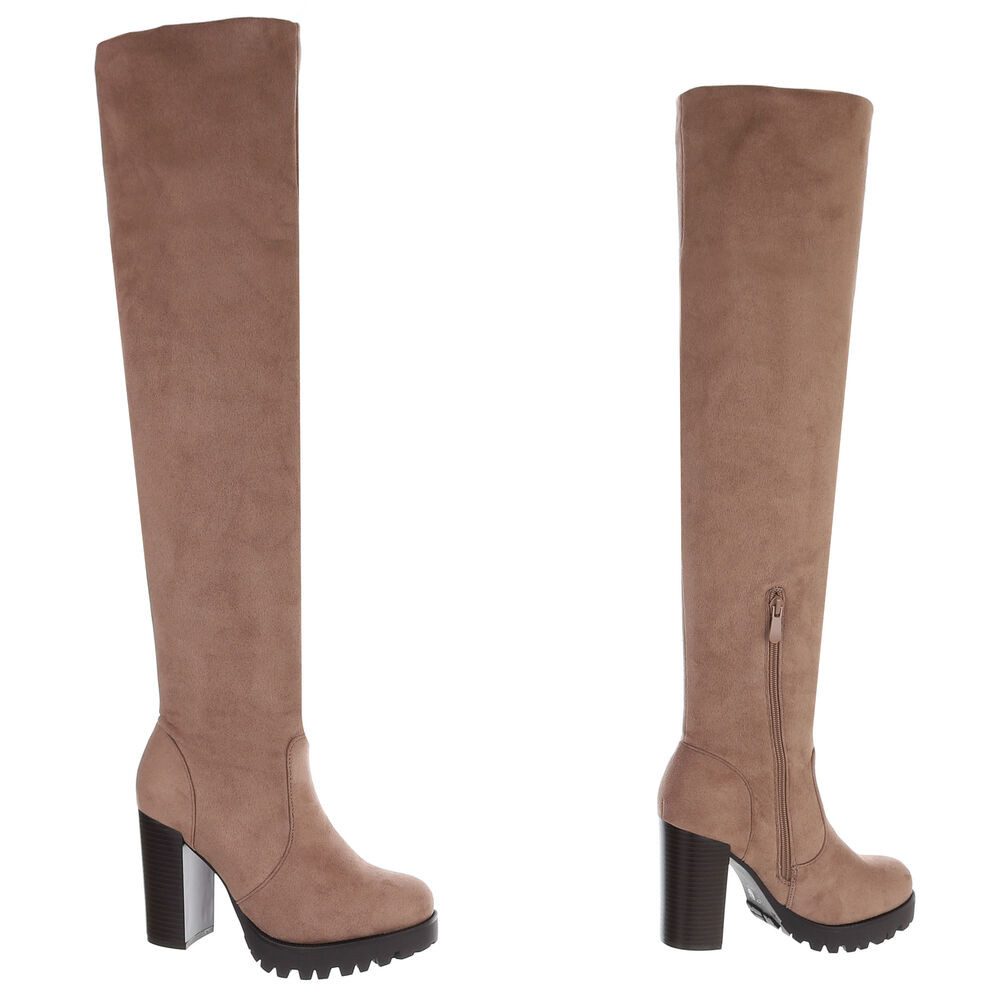 Ital-Design Kniehohe Stiefel mit Absatz für Damen im Alltag Overkneestiefel (90726982) Blockabsatz Stiefel in Beige