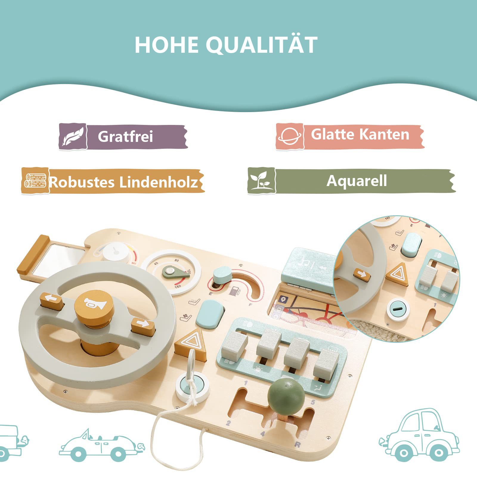 CLTYQ Motorikbrett Motorikbrett Montessori Sensorik,Busy Board Kinder Lenkrad, Simuliertes Lenkrad,Holzspielzeug für Baby, Reisespielzeug,Geschenk