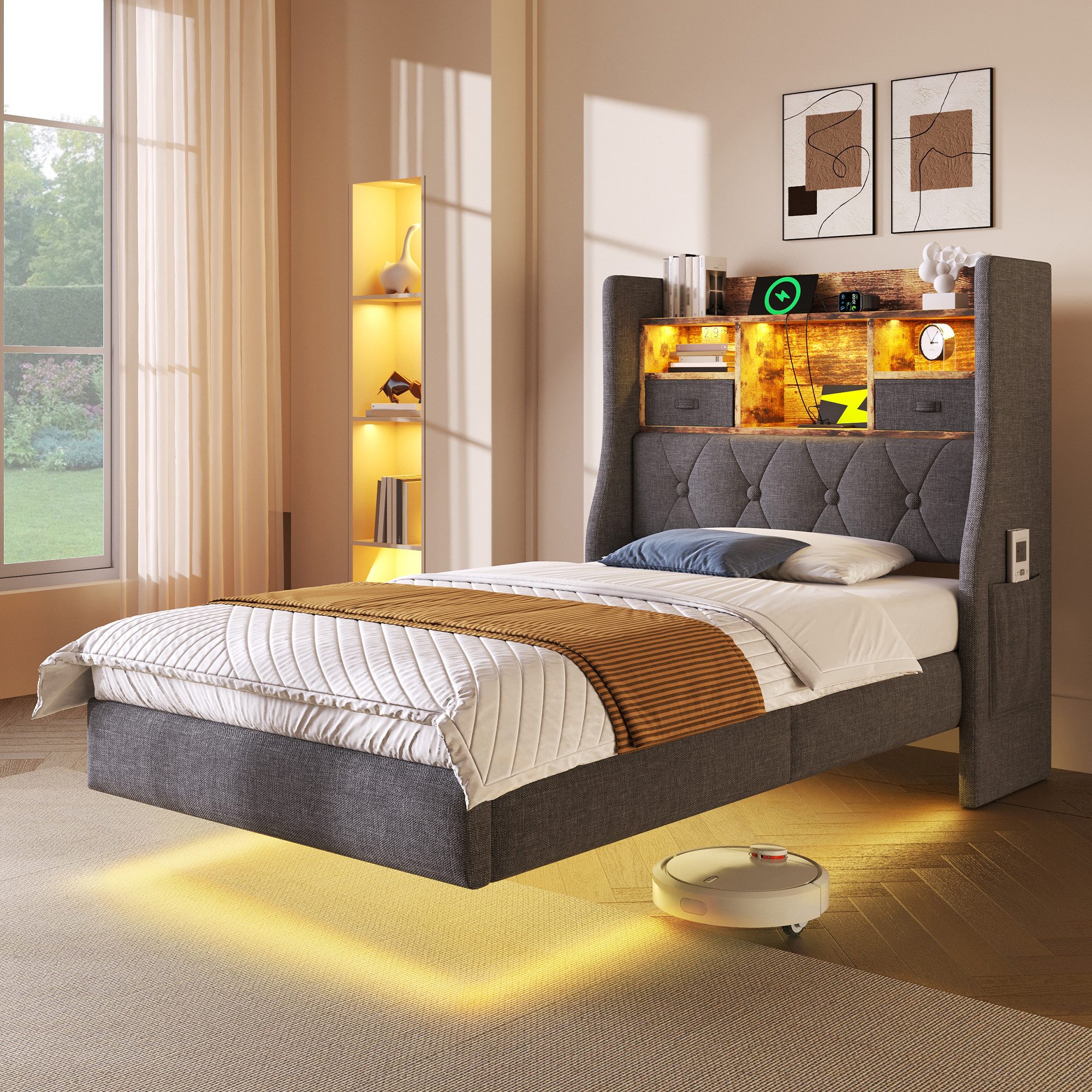 REDOM Polsterbett mit USB Typ-C Schnellladung, Retro Design (Funktionsbett, Struraumbett, 1-tlg., 90x200 cm, ohne Matratze), Schwebebett mit 1 Type-C, 3 USB-Anschlüsse