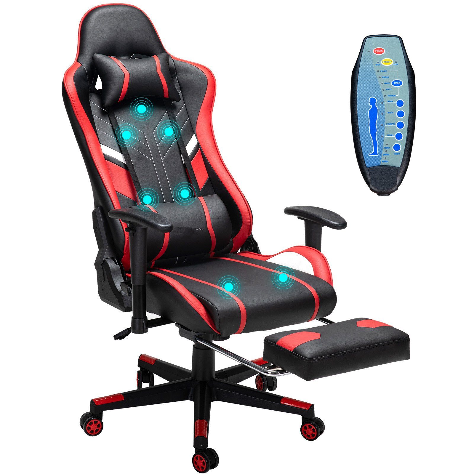 MAEREX Gaming-Stuhl (Ergonomischer Bürostuhl mit Fußstütze und Massage- Lendenkissen), 4 Massagemodi, Höhenverstellbar, Max 150kg, Hohe Rückenlehne