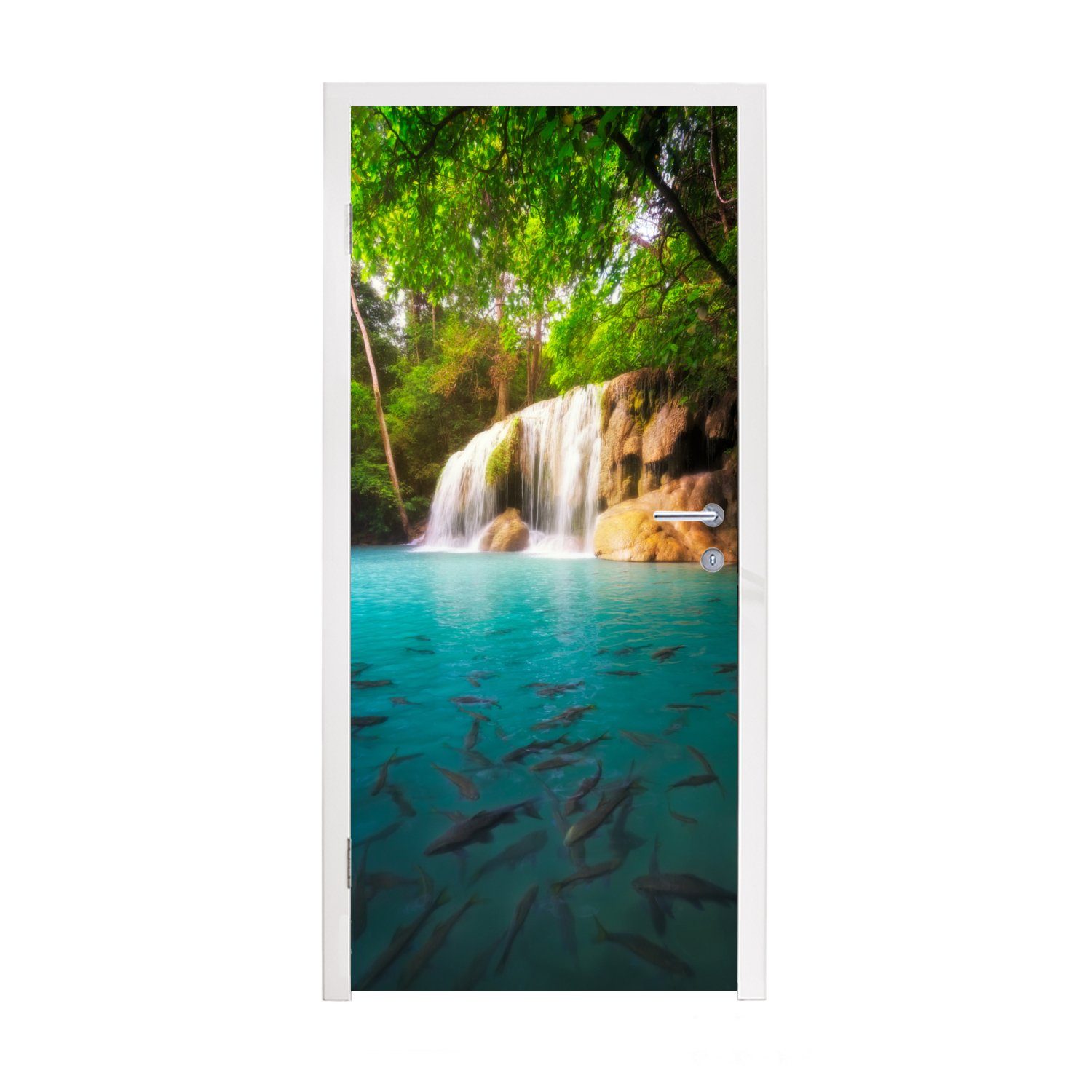 Türtapete Wasser bedruckt, im im cm Wasserfall, Fototapete Türaufkleber, Erawan-Nationalpark mit Matt, für Angeln Tür, 75x205 einen MuchoWow St), auf Blick (1