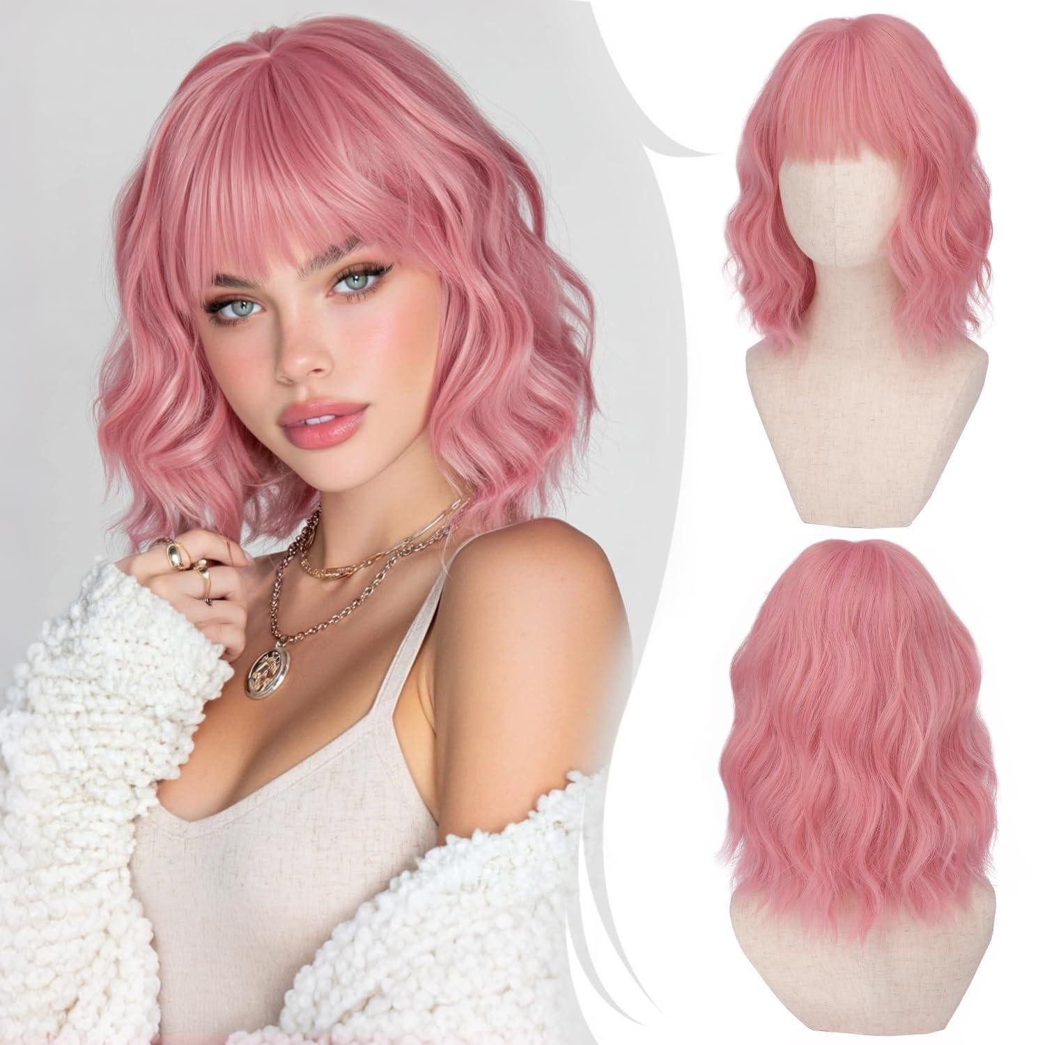 LuxusKollektion Kunsthaarperücke Perücke Bob Pony kurz gewellt synthetisch Damen Cosplay 35 cm Rosa
