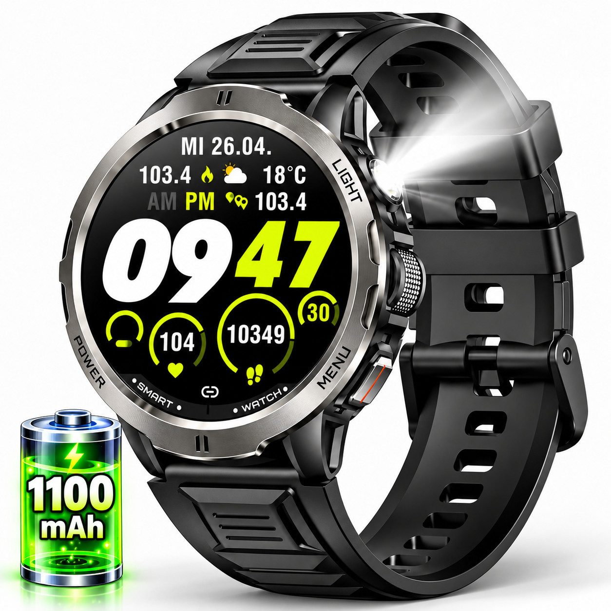 Futicare Fitnessuhr Herren, Smartwatch mit 1100 mAh Akku & langer Akkulaufzeit, 1,7 Zoll HD-Display, Telefonfunktion, LED-Taschenlampe, Schrittzähler, 100+ Sportmodi, 3ATM Wasserschutz, Android 6.0+ & iOS 10.0+