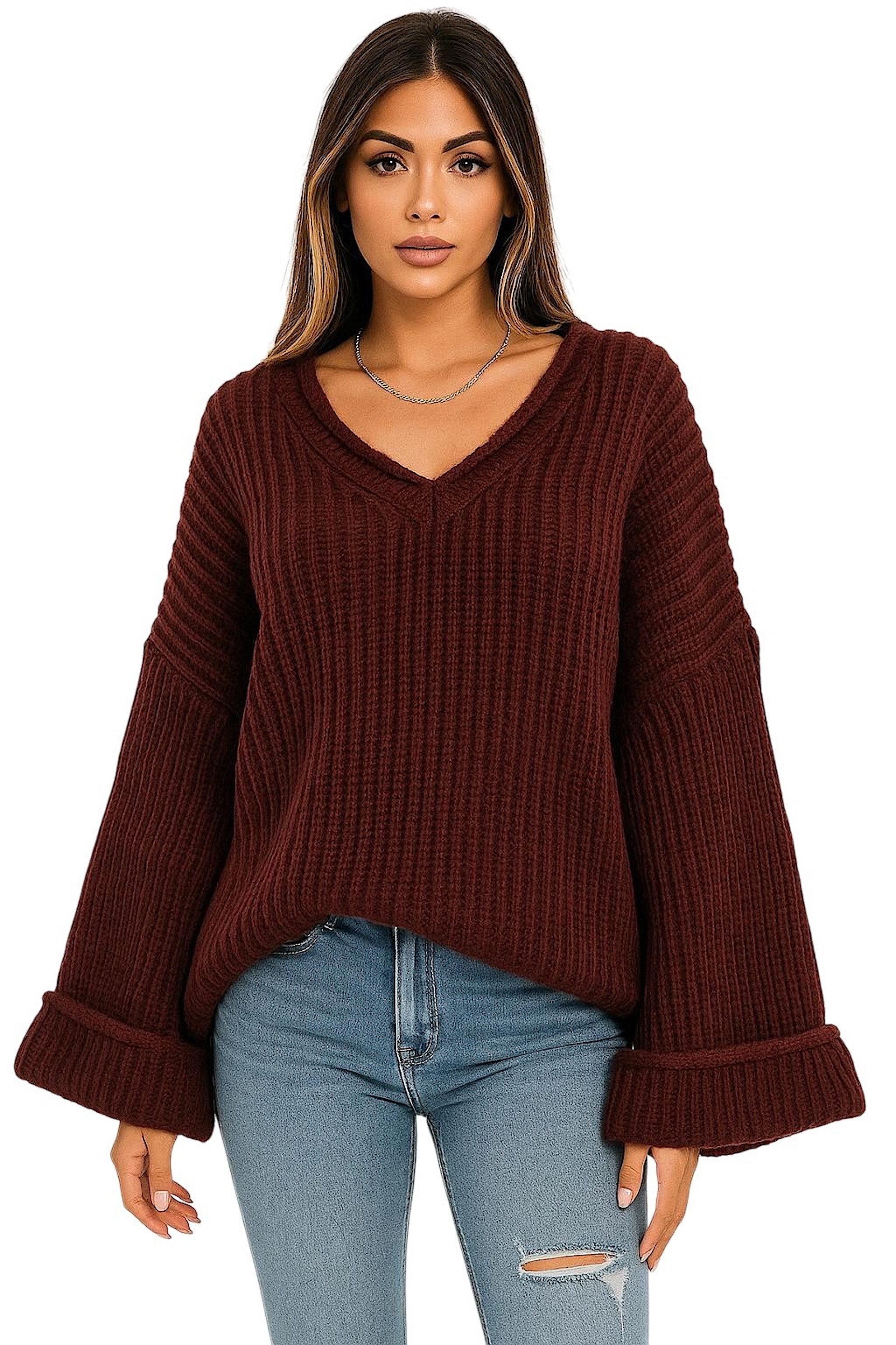Worldclassca V-Ausschnitt-Pullover WORLDCLASSCA Damen Oversize Strickpulllover Dick Pulli V-Ausschnitt Neue Kollektion - Stilvolle und gemütliche Strickmode für Damen