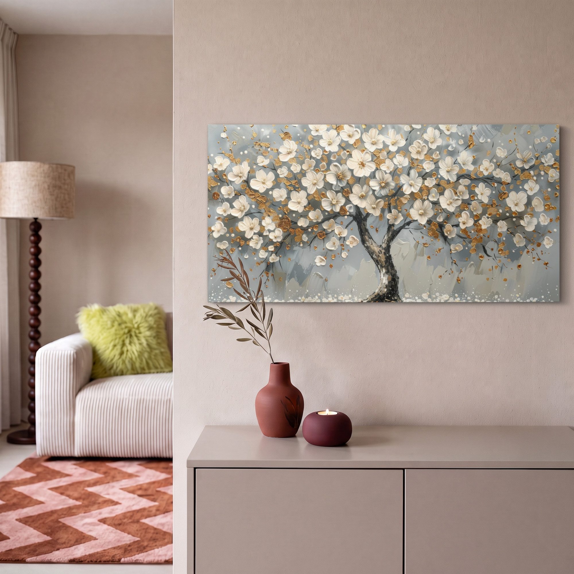 OneMillionCanvasses® Leinwandbild Panorama Baum - Gold - Blumen - Abstrakt - Kunst, Fotodruck (1 St), Wandbild, Deko Schlafzimmer Wohnzimmer Flur 40x20 cm – Bild 2 von 5