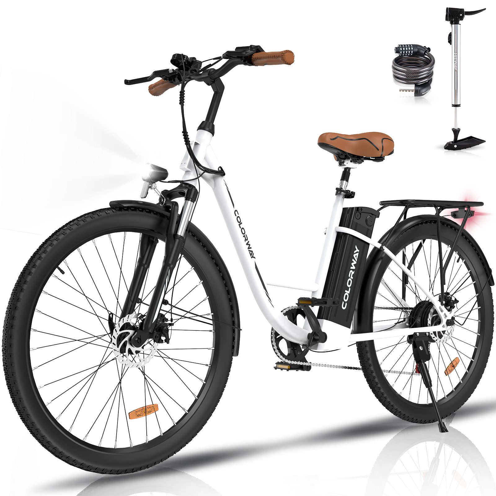 COLORWAY E-Bike 28 Zoll Damen Herren E-Fahrrad 36V/15Ah,25km/h, innerhalb der StVZO, 7 Gang SHIMANO SHIMANO Schaltwerk, Kettenschaltung, Heckmotor, 540 Wh Akku, Elektrofahrrad für 170 - 195 cm, mit Fahrradpumpe und Fahrradschloss