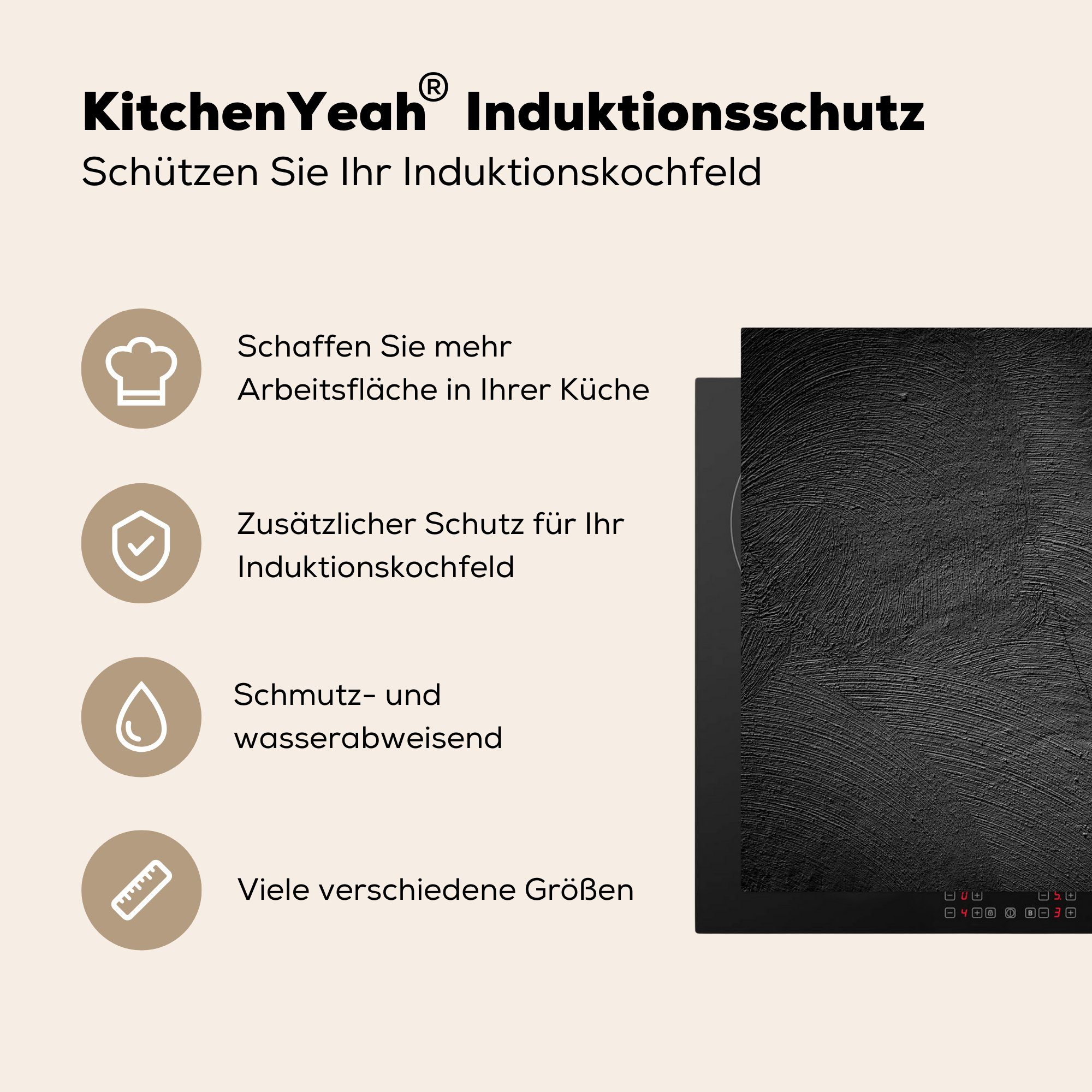 MuchoWow Herdblende-/Abdeckplatte für - cm, Induktionsherd, Beton Küchen 58x51 Induktionskochfeld Vinyl, - Dekoration Schwarz tlg), (1 Industriell