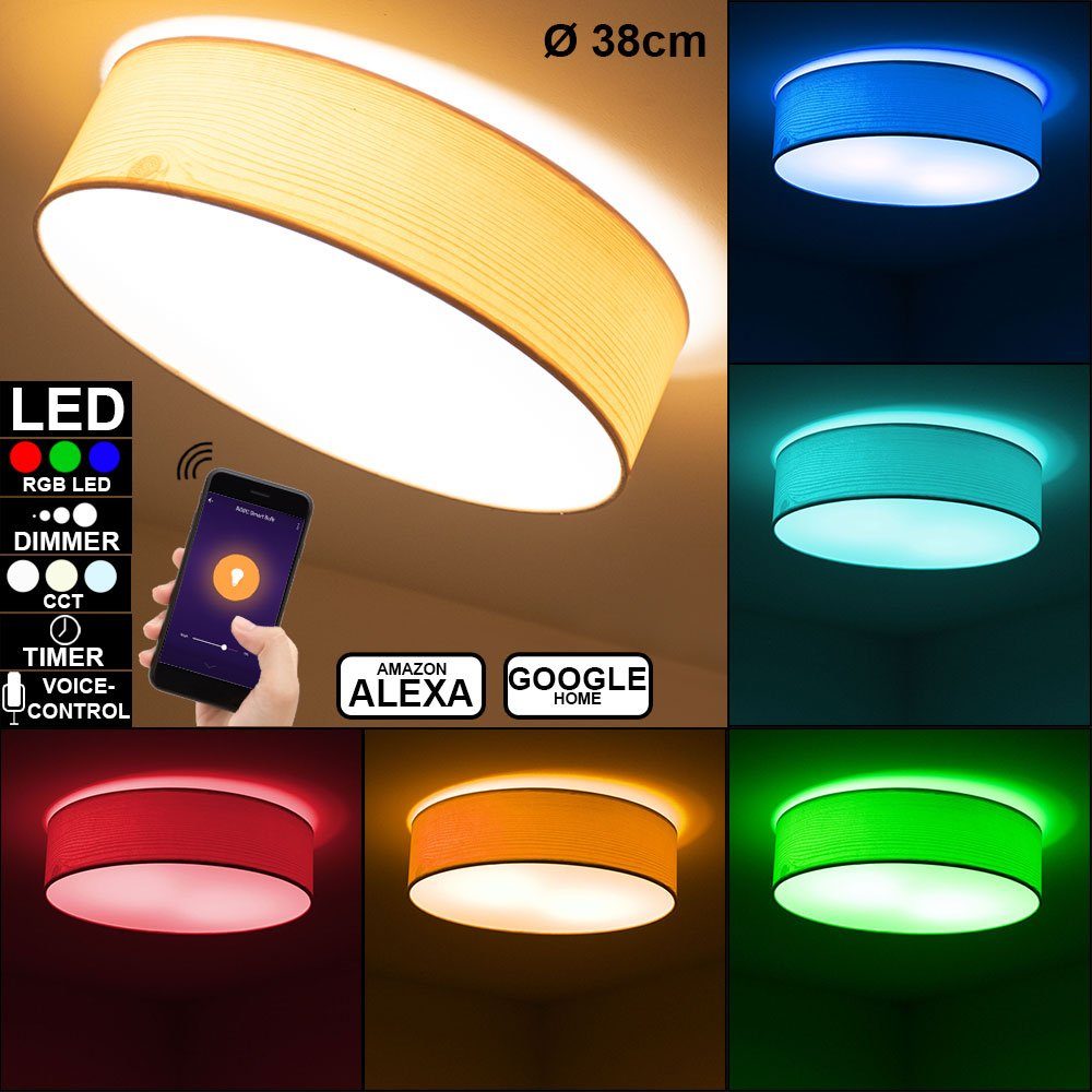 etc-shop Smarte LED-Leuchte, Decken Lampe Alexa Google App Holz Optik  Tageslicht Leuchte DIMMBAR im Set inkl. RGB LED Leuchtmittel