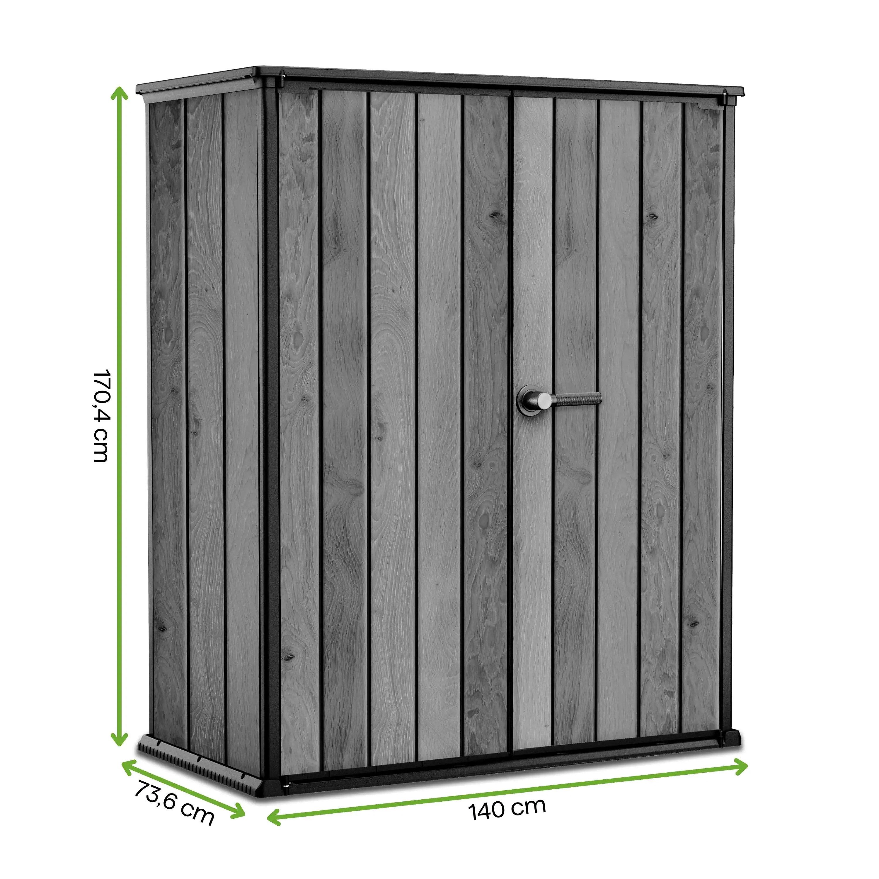 Focus Garden Garten-Geräteschrank "Deco Vertical" 1400L Holzoptik wetterfest mit 2 Regalen, Abschließbar, L140cm x B73,6cm x H170,4cm