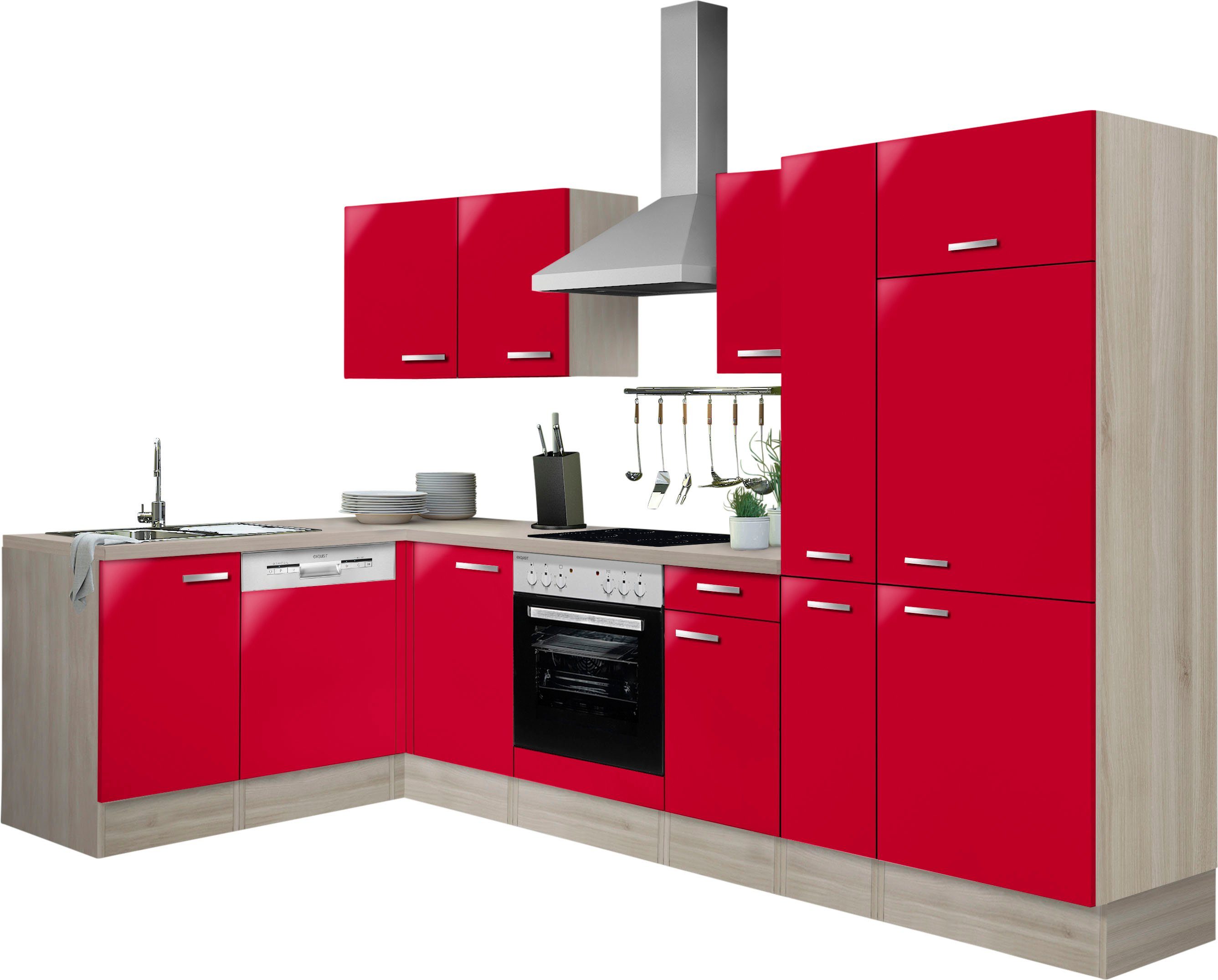 OPTIFIT Winkelküche Faro, mit E-Geräten, Stellbreite 300 x 175 cm Rot glanz