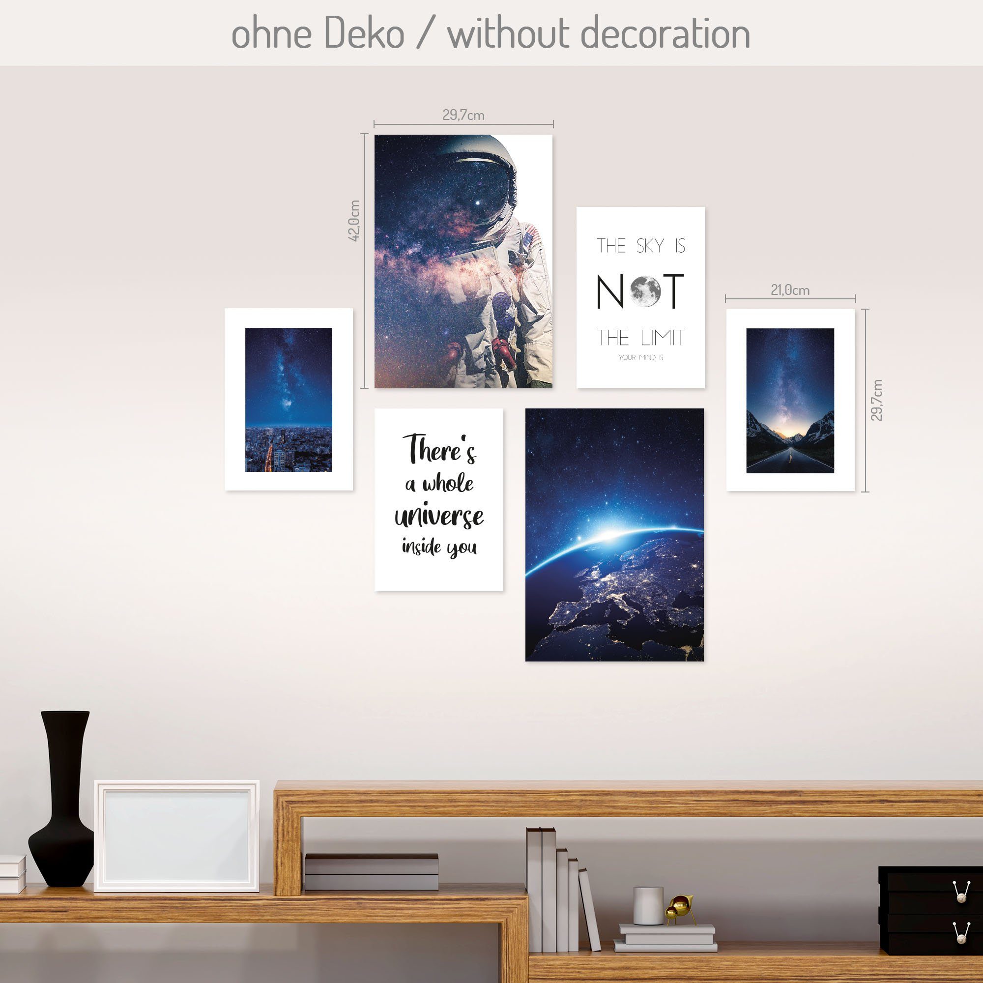 Kreative Feder Poster, Astronaut, Weltall, Space, Wissenschaft, Erde, Sterne, Universum (Set, 6 St), 6-teiliges Poster-Set, Wandbild, Posterwand, optional mit Rahmen