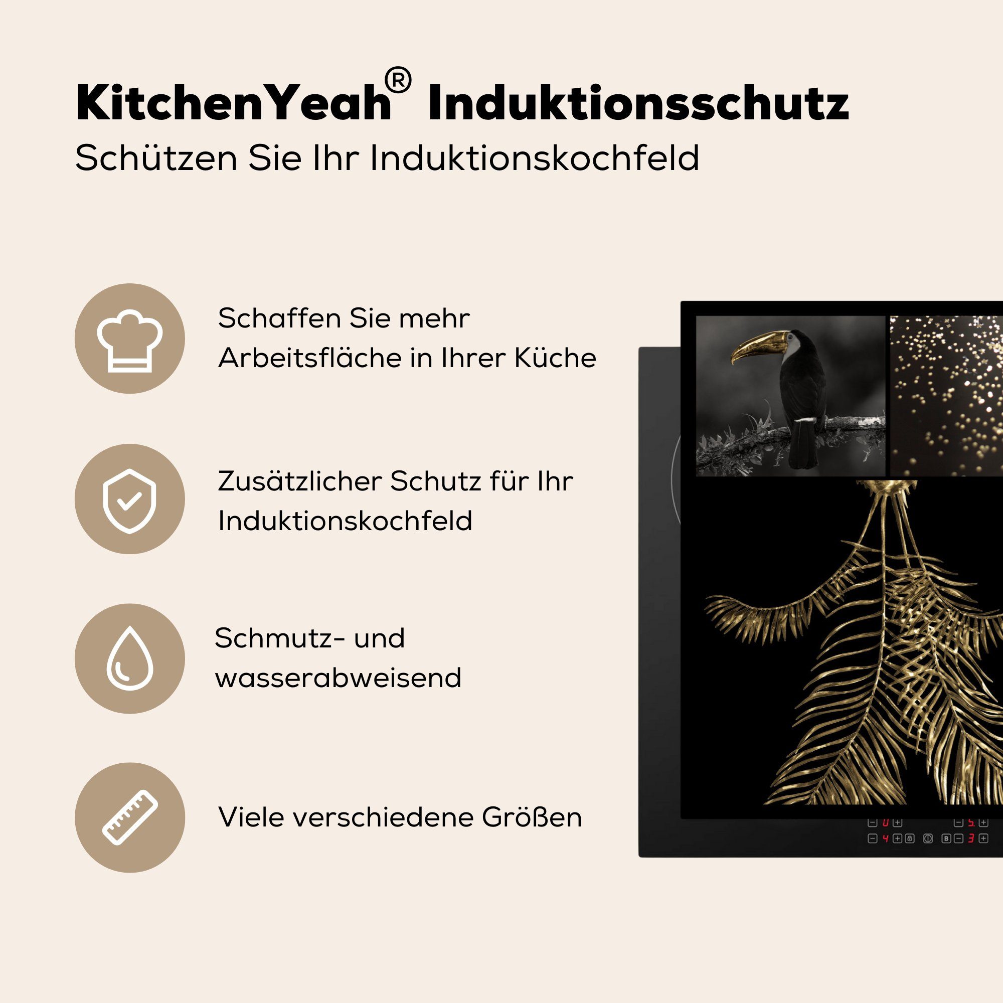 MuchoWow Herdblende-/Abdeckplatte Collage - Gold küche, tlg), für - Glitter, - Schutz (1 cm, die Induktionskochfeld Ceranfeldabdeckung Vinyl, Früchte 81x52