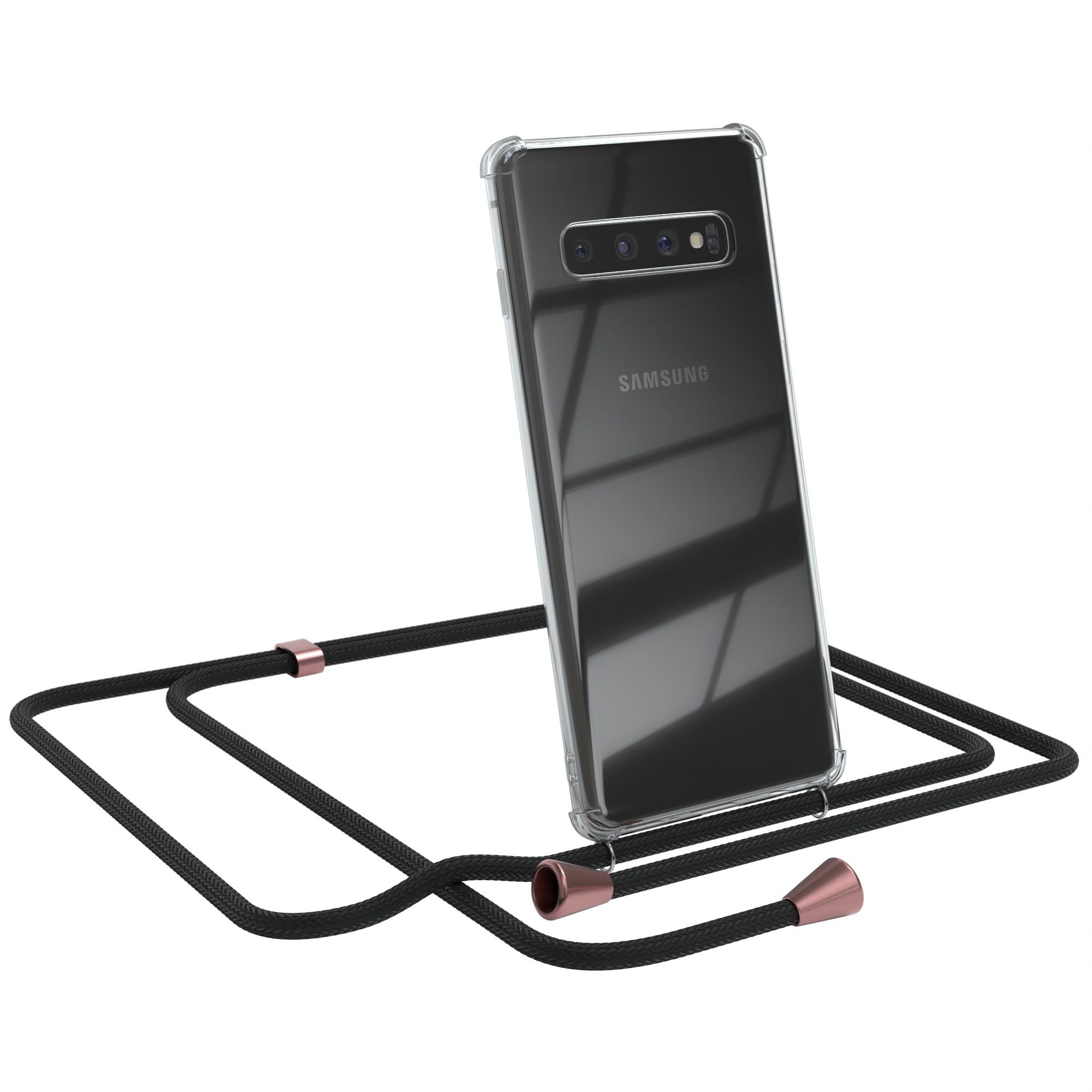 EAZY CASE Handykette Hülle mit Kette für Samsung Galaxy S10 6,1 Zoll, Handykordel Smartphonekette für Unterwegs Festivalbag Schwarz Rosé