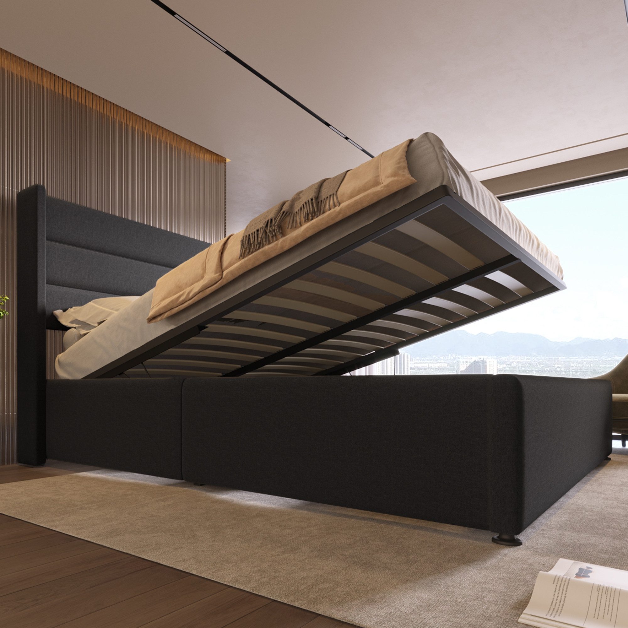 Flieks Polsterbett, Stauraumbett Hydraulisches Doppelbett Leinen 160x200cm günstig online kaufen