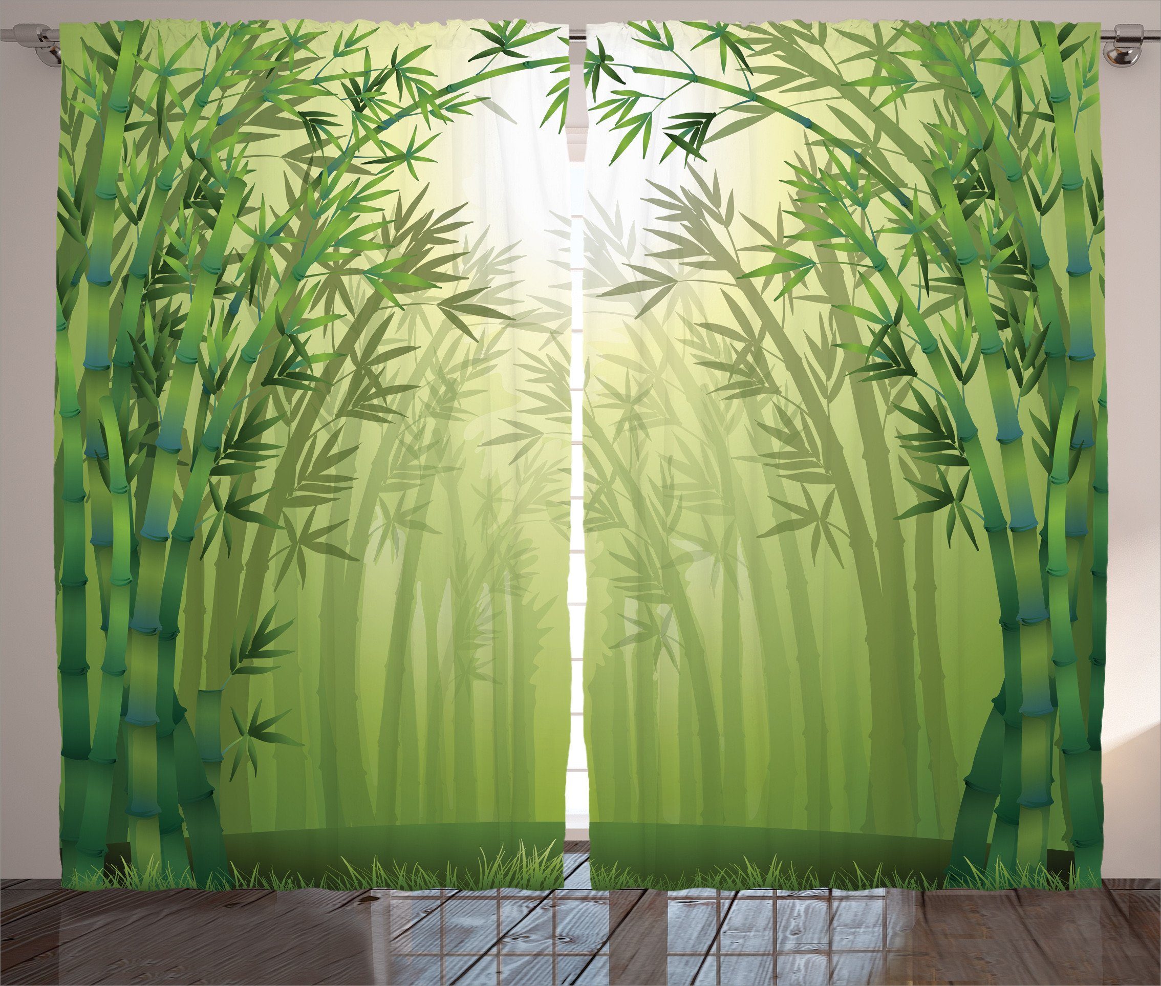 Gardine Schlafzimmer Kräuselband Vorhang mit Schlaufen und Haken, Abakuhaus, Grün Bambus-Bäume im Wald