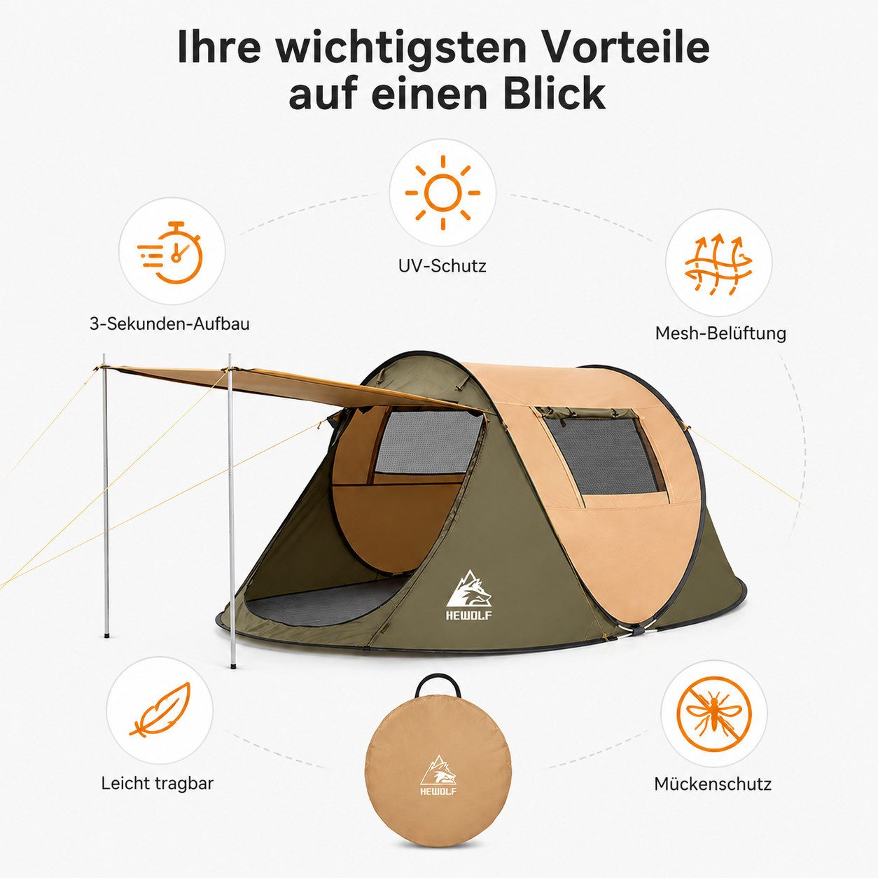 Diyarts Wurfzelt, Personen: 3 (Camping Set – Pop-Up Zelt, Abspannleinen und Tragetasche inklusive, Pop-Up Zelt, Tasche, Stützstangen, Abspannleinen, Heringen), UV-Schutz Zelt – 3 Sekunden Aufbau, perfekt für Outdoor-Abenteuer