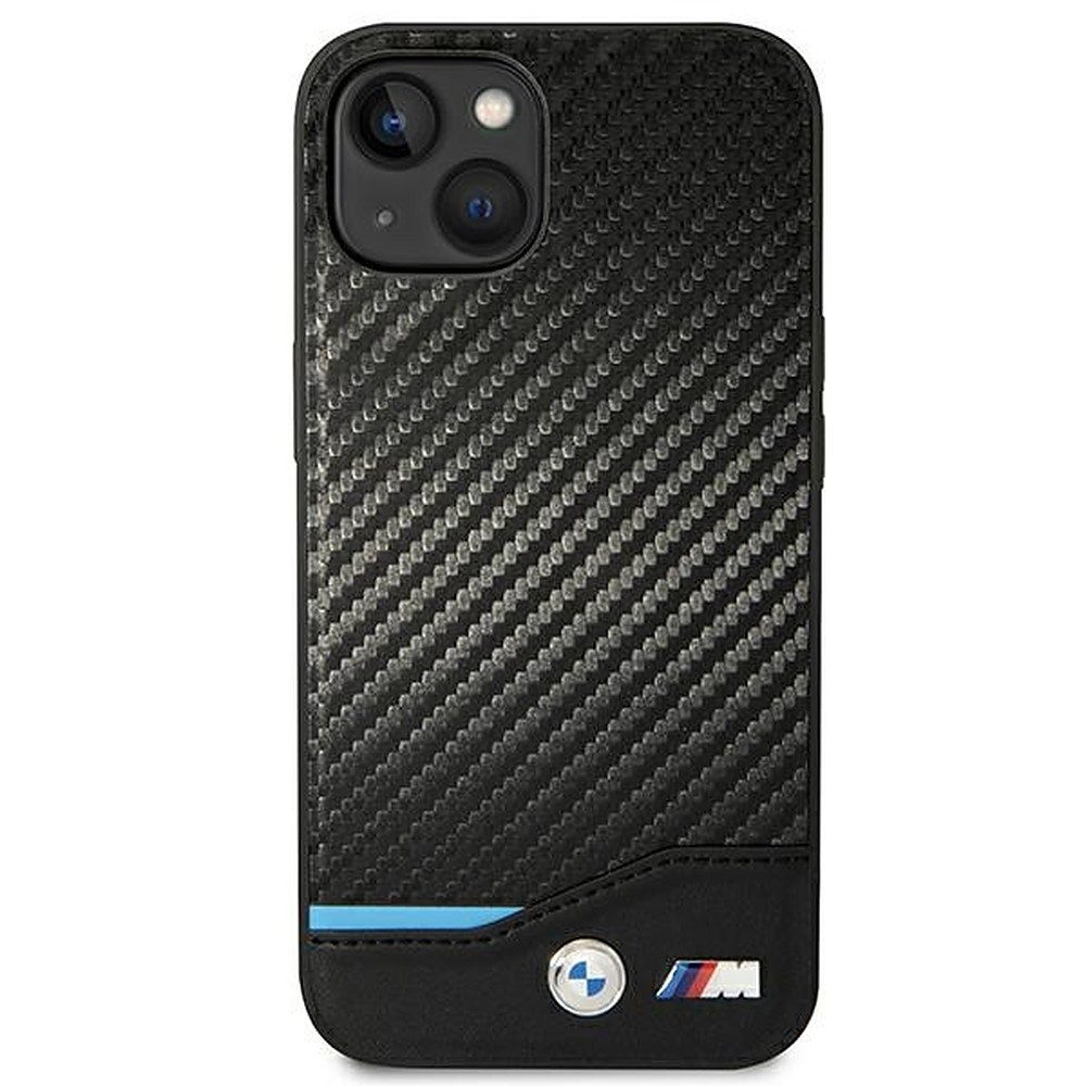 BMW Handyhülle Schutzhülle Rückschale Kratzschutz 6,7 Zoll, Carbonoptik, Echtleder, Metall-Logo, Kratzschutz
