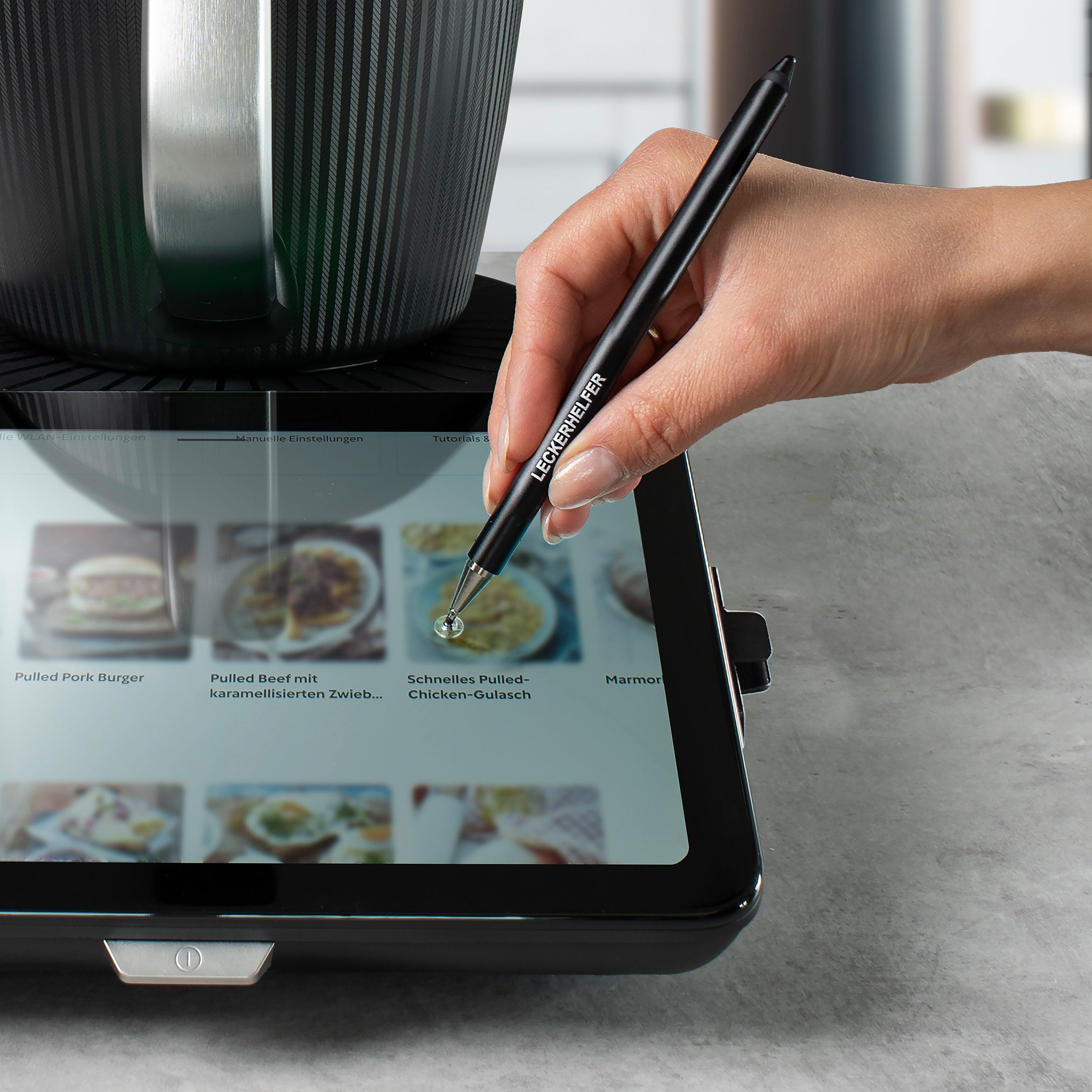 Leckerhelfer - automatisch Lecker Küchenmaschinen Zubehör-Set TouchPRO – Stift+Halterung passend für Thermomix TM7 Display schwarz