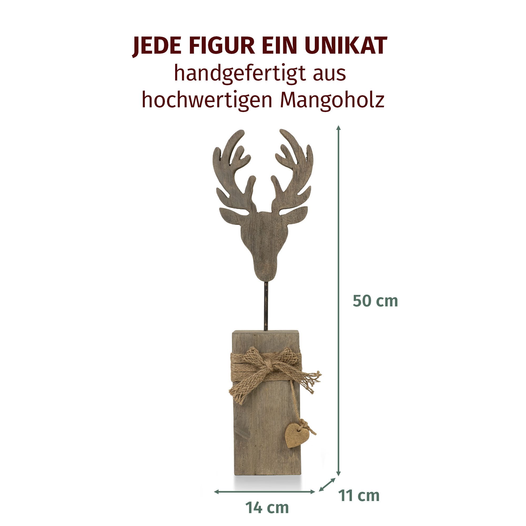 Moritz Skulptur Dekofigur Hirschkopf auf Mangoholzsockel 50 cm Weihnachten, Holz, Tischdeko, Fensterdeko, Wanddeko, Holzdeko, Weihnachtsdeko