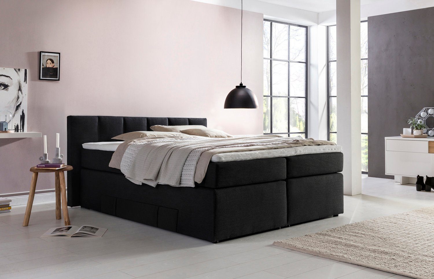 Möbelfreude Boxspringbett Boxspringbett Andybur mit niedrigem Kopfteil 1..., 140x200cm Schwarz H2 mit Strauraum / Bettkasten inkl. Visco-Topper, 7-