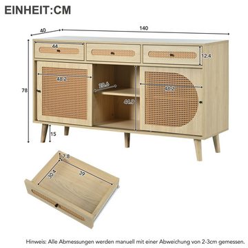 Fangqi Sideboard mit PE-Kunststoff-Rattantür,verstellbaren Einlegeböden,3 Schubladen, Sideboard aus Holz mit 3 Schiebetüren, 140 cm lang