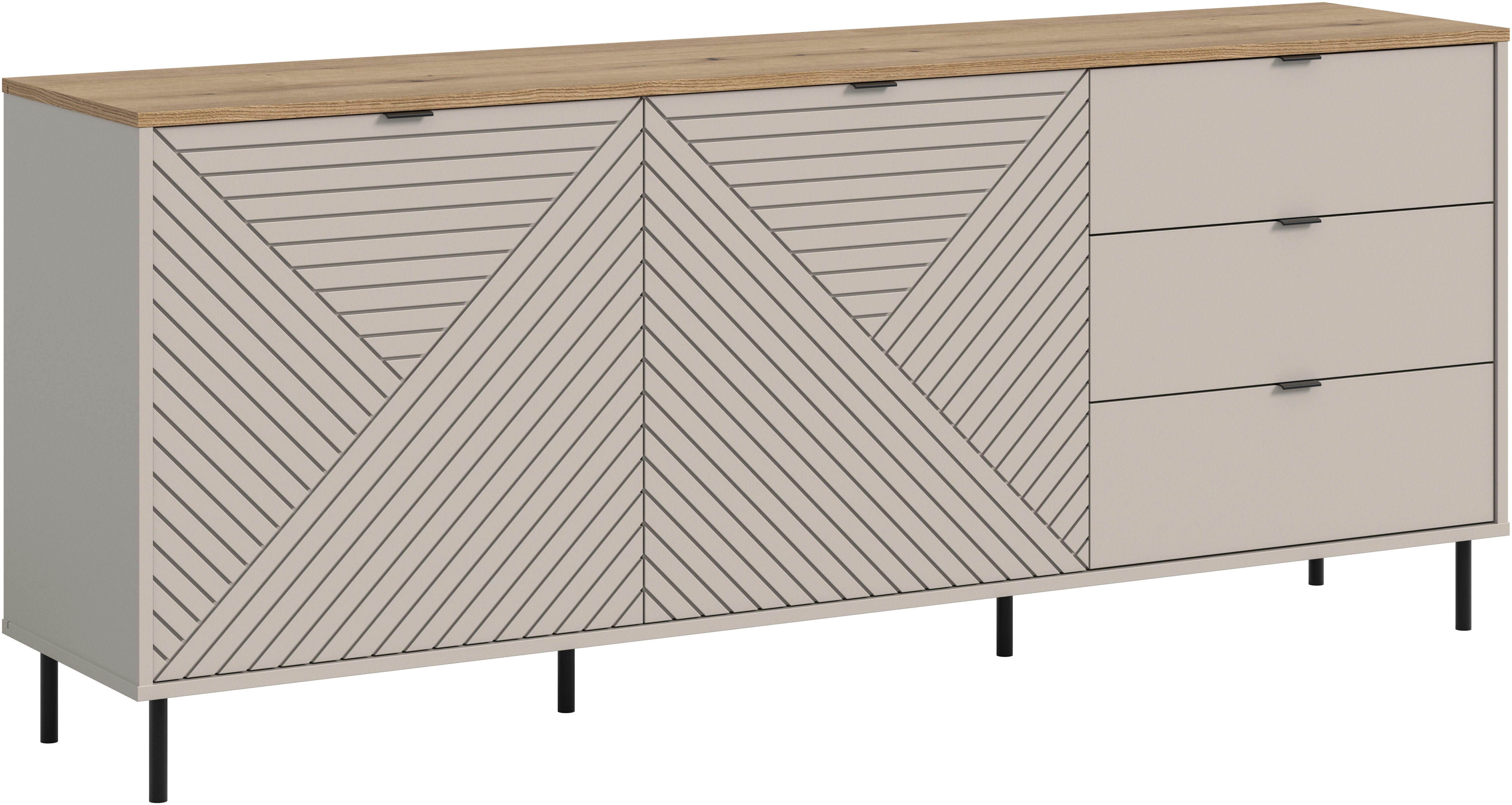 Home affaire Sideboard RAITA, Breite 184 cm, Front mit Desgin-Fräsung, 2 Türen, viel Stauraum (moderne Farbkombi, individuell einsetzbar, Griffe & Füße aus Metall), Kommode, Anrichte, Schrank, Highboard, TV-Board
