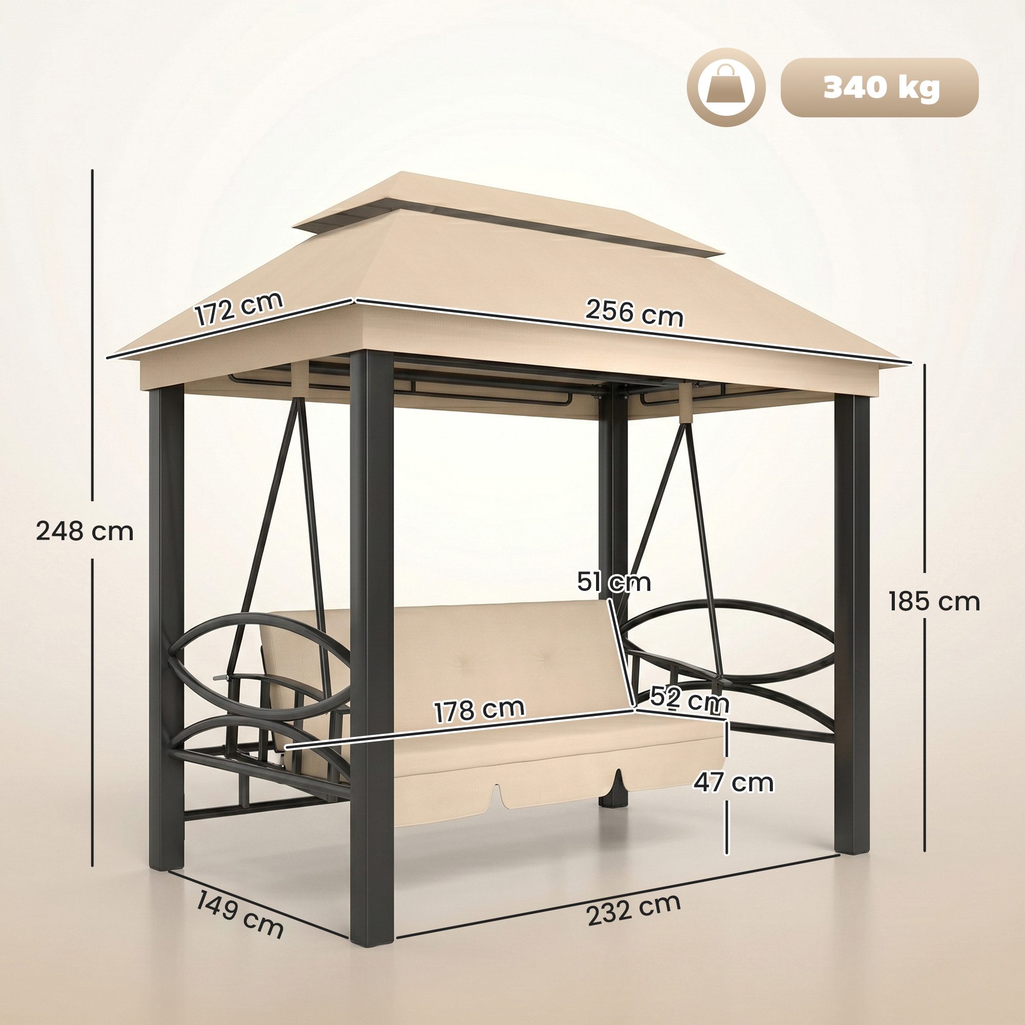 Outsunny Hollywoodschaukel Gartenschaukel Schaukel mit Seitenwänden, 3-Sitzer, Bettfunktion, Gartenliege, 1 tlg., Schaukel, für Garten, Balkon,Beige