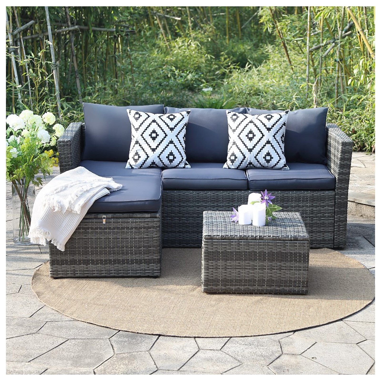 HTI-Living Garten-Essgruppe Outdoor Möbel Matze Blau, (Set, 3-tlg., 1x Sofa, 1x Hocker, 1x Beistelltisch inkl. 3 Rücken- und 4 Sitzkissen), Loungemöbel Gartenmöbel