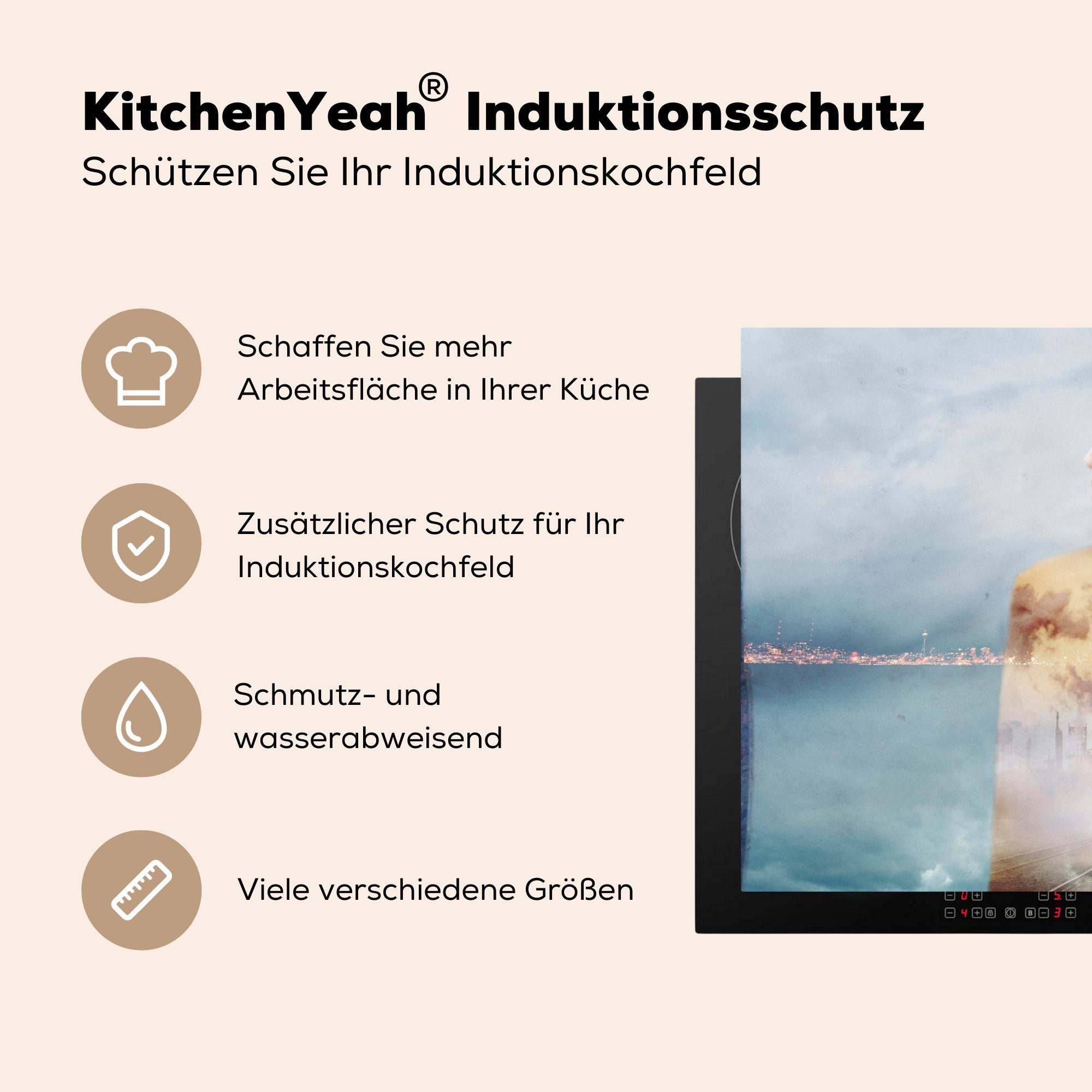 küche, Ceranfeldabdeckung die für Induktionskochfeld Mehrfachbelichtung eines 81x52 MuchoWow Geschäftsmannes Skyline, tlg), Schutz einer cm, (1 Herdblende-/Abdeckplatte Vinyl, und