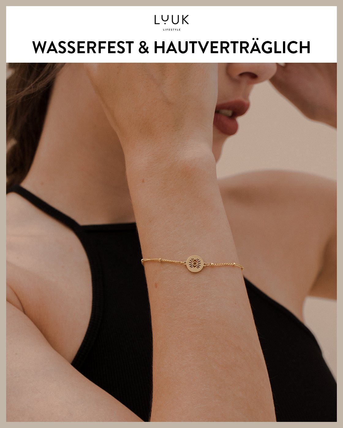 Auge des LUUK Buddha, LIFESTYLE Spruchkarte mit Happiness Edelstahlarmband Gold