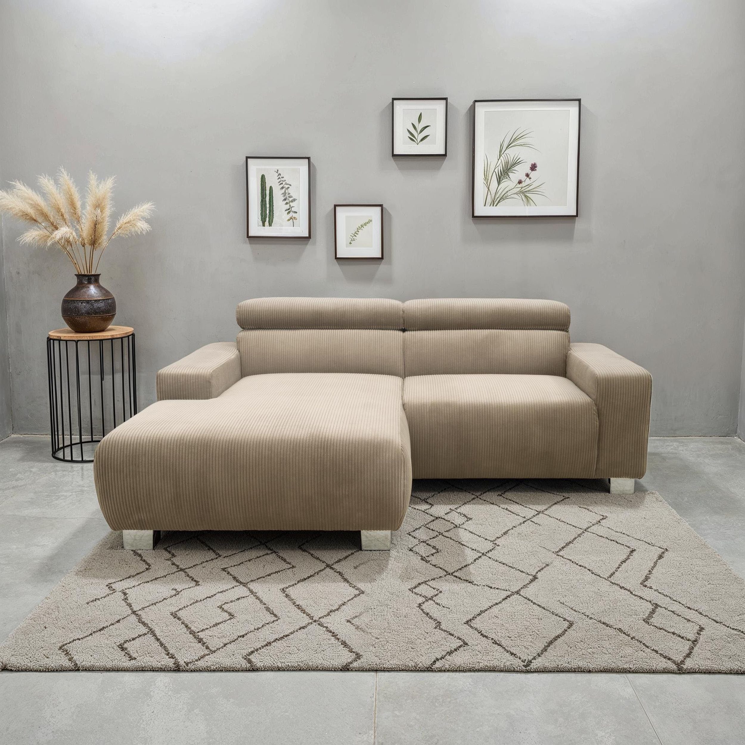 DOMO collection Ecksofa 100030 inkl. Kopfteilverstellung, guter Sitzkomfort, Cordbezug, L-Form, mit komfortabler Wellenunterfederung, ideal für kleine Räume