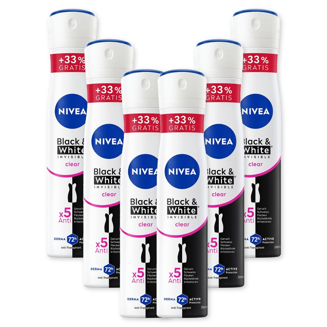 Nivea Deo-Spray Black & White Invisible Clear​ XL 6x200ml 72-Stunden-Antitranspirant, Set, 6-tlg., Ohne Ethylalkohol
