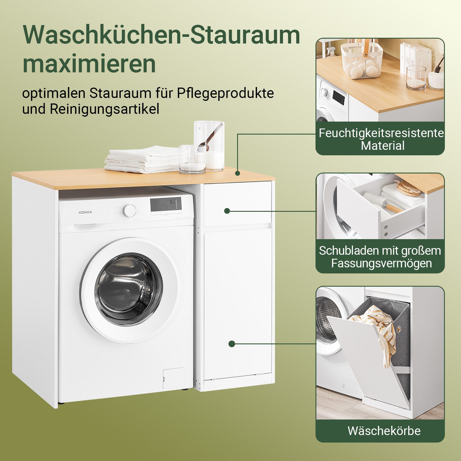 SoBuy Waschmaschinenumbauschrank BZR217, Badezimmerschrank mit Wäschekorb, Waschmaschinenregal Waschmaschinenschrank mit Schublade, Badkommode Waschmaschine Trockner