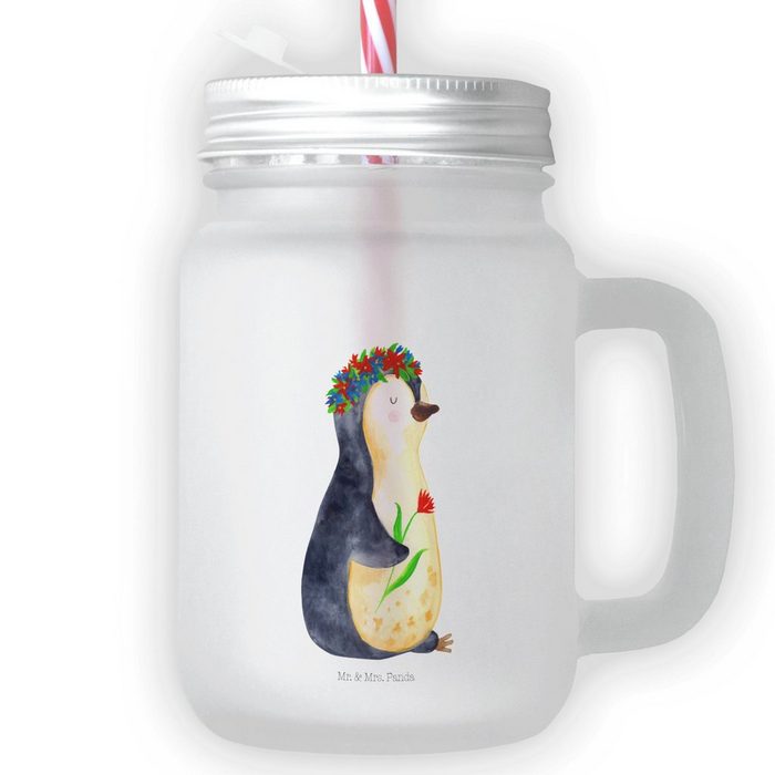 Mr. & Mrs. Panda Glas Pinguin Blumenkranz - Transparent - Geschenk Mason Jar Selbstliebe Premium Glas