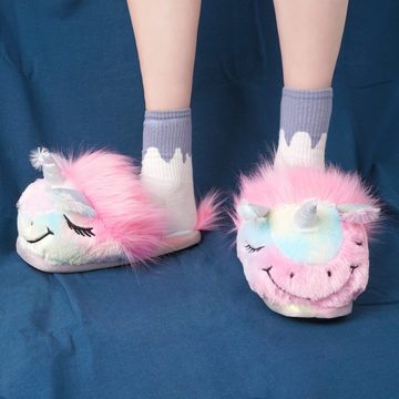 GalaxyCat Kuschlige Plüsch Einhorn Hausschuhe mit Glitzerhorn, Regenbogen Einho Hausschuh Einhorn Pnatoffeln mit Glitzerhorn und pinken Schweif