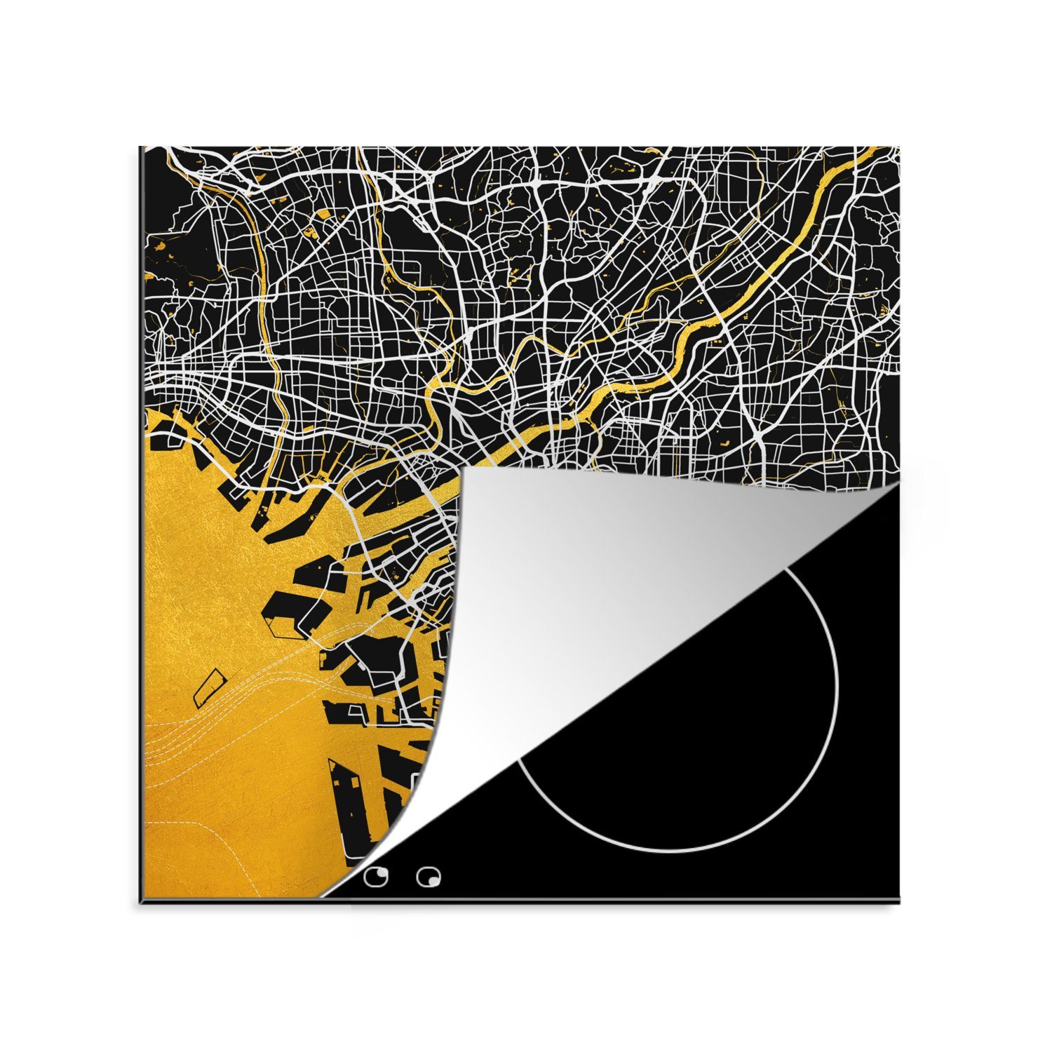 MuchoWow Herdblende-/Abdeckplatte Gold - Osaka - Stadtplan - Karte, Vinyl, (1 tlg), 78x78 cm, Ceranfeldabdeckung, Arbeitsplatte für küche | Herdabdeckplatten