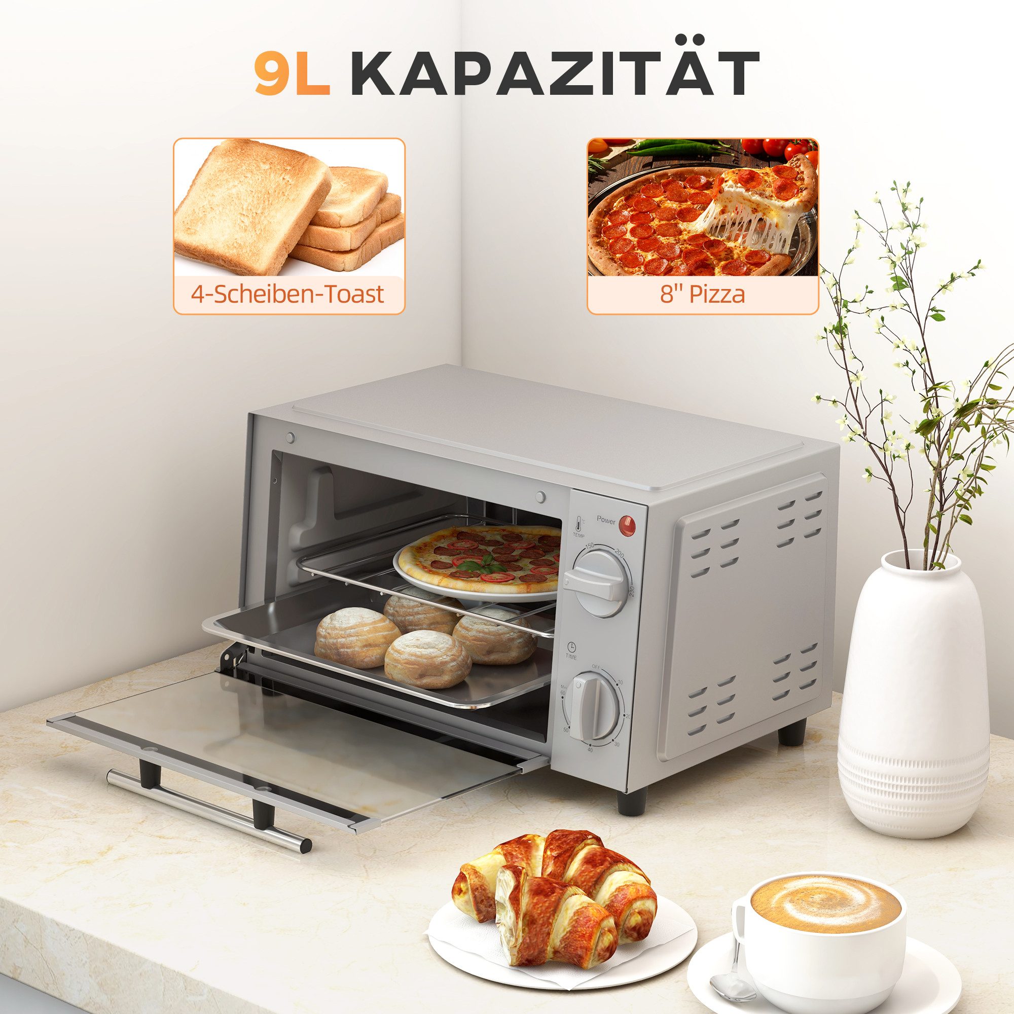 HOMCOM Minibackofen Backofen 9 L 750W 100-230℃ mit Backblech Pizza-Ofen, zum Grillen, Backen, Toasten, Silber – Bild 4 von 5