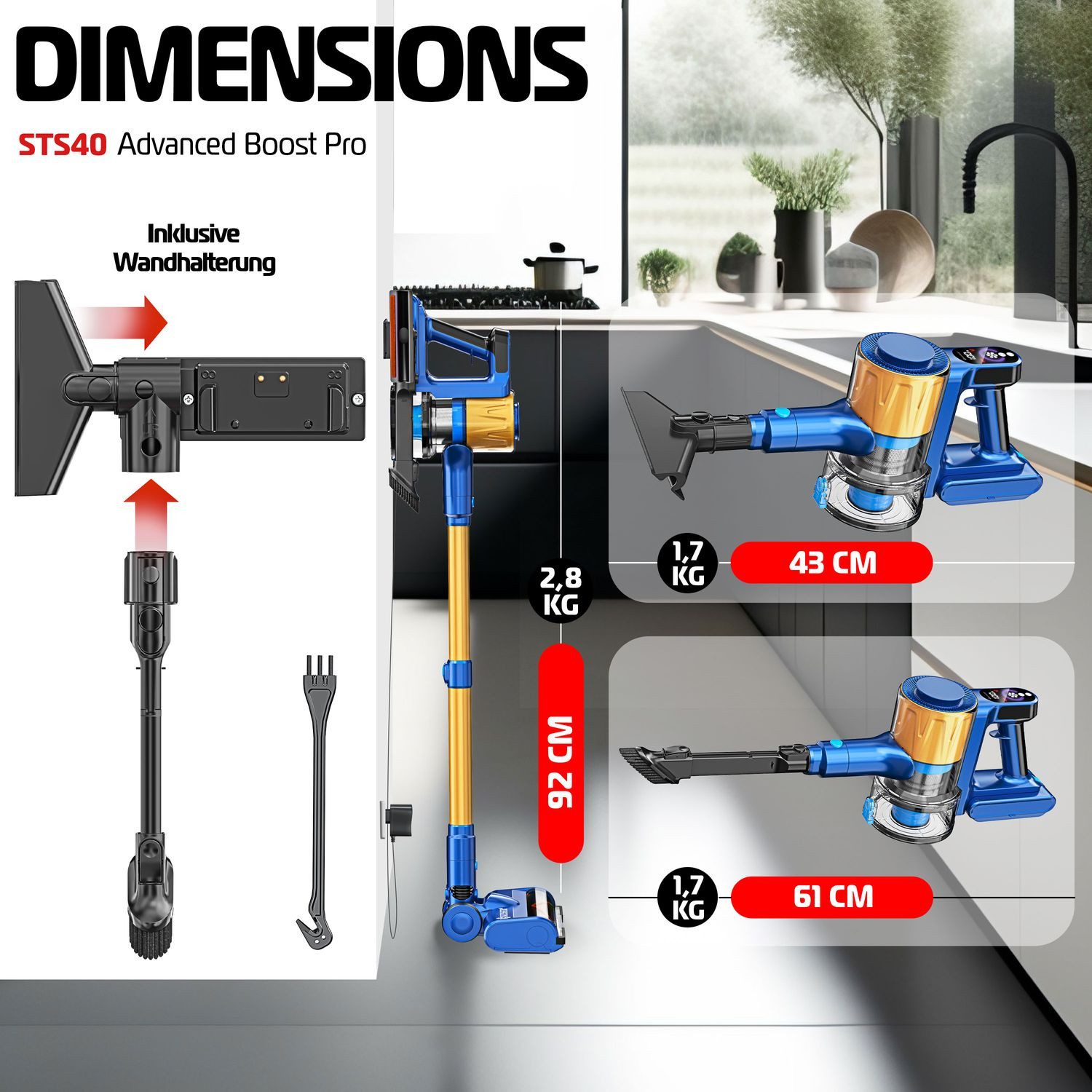 KESSER Akku-Hand-und Stielstaubsauger Stabstaubsauger mit Anti-Tangle-Bodenbürste für Hartböden Teppich, Hepa-Filter, beutellos, Handstaubsauger bis 60 Min. Akku Staubsauger beutellos mit LED