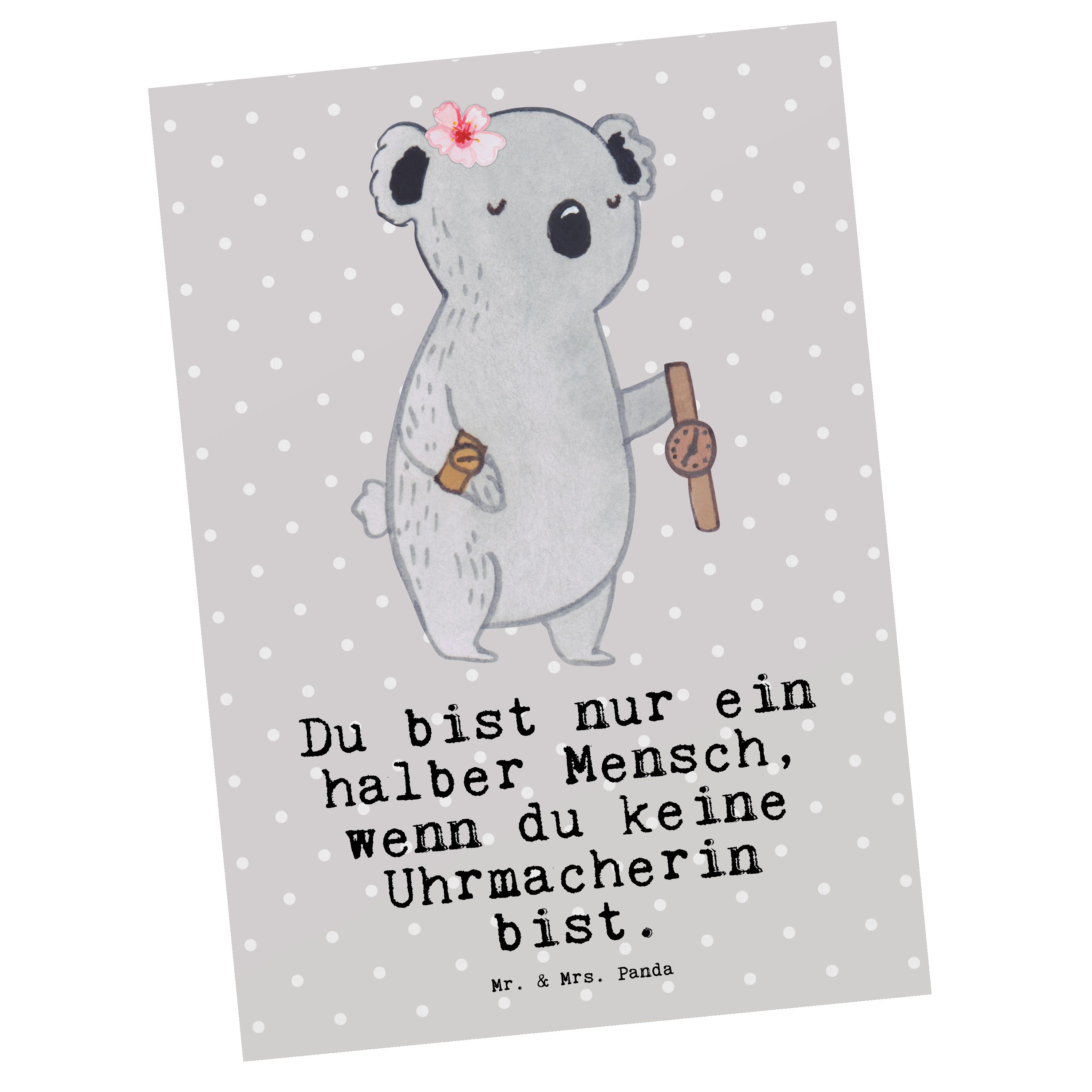 Mr. & Mrs. Panda Postkarte Uhrmacherin mit Herz - Grau Pastell - Geschenk, Ansichtskarte, Mitarb
