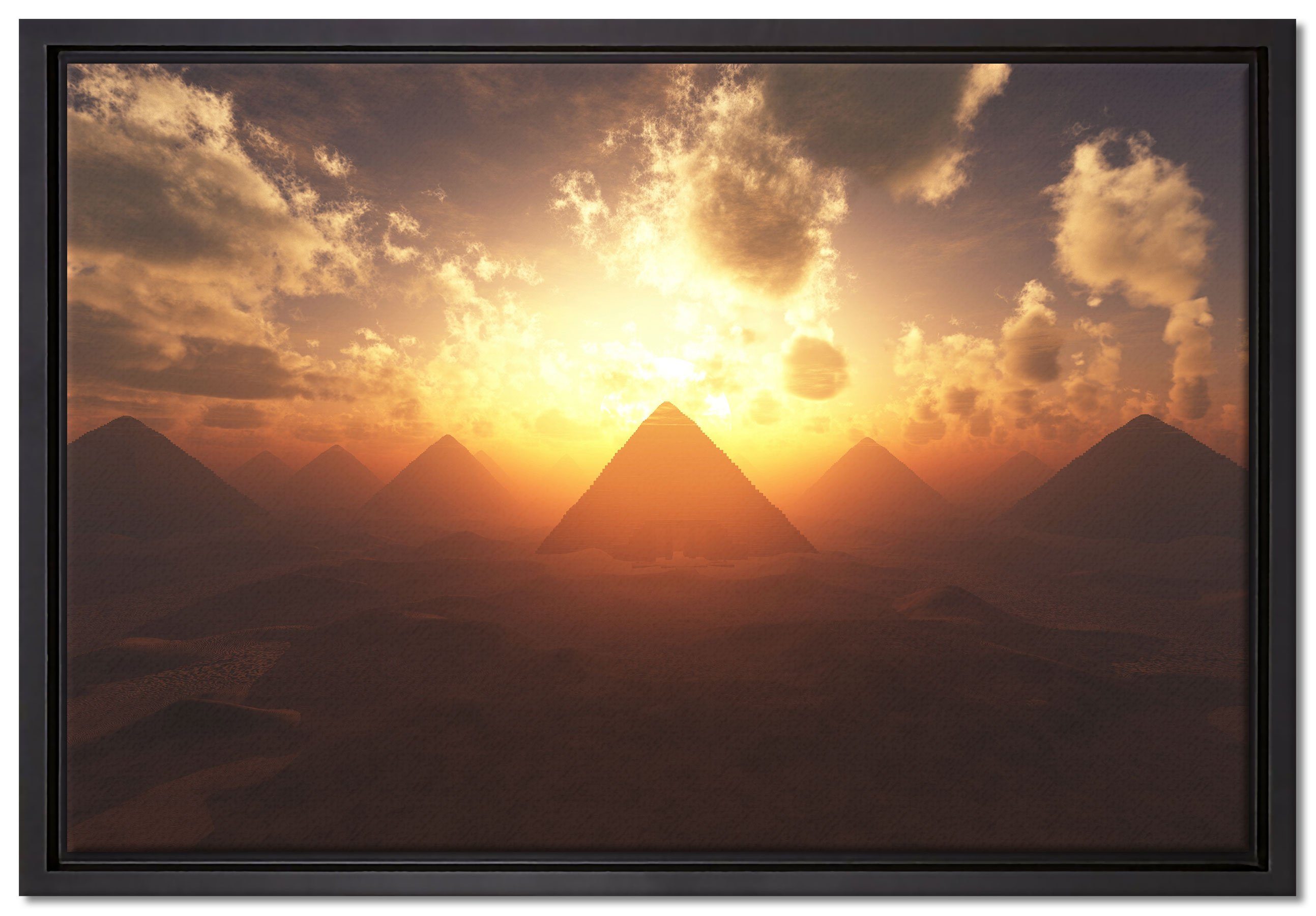 Pixxprint Leinwandbild Pyramiden beim Sonnenuntergang, Wanddekoration (1 St), Leinwandbild fertig bespannt, in einem Schattenfugen-Bilderrahmen gefasst, inkl. Zackenaufhänger