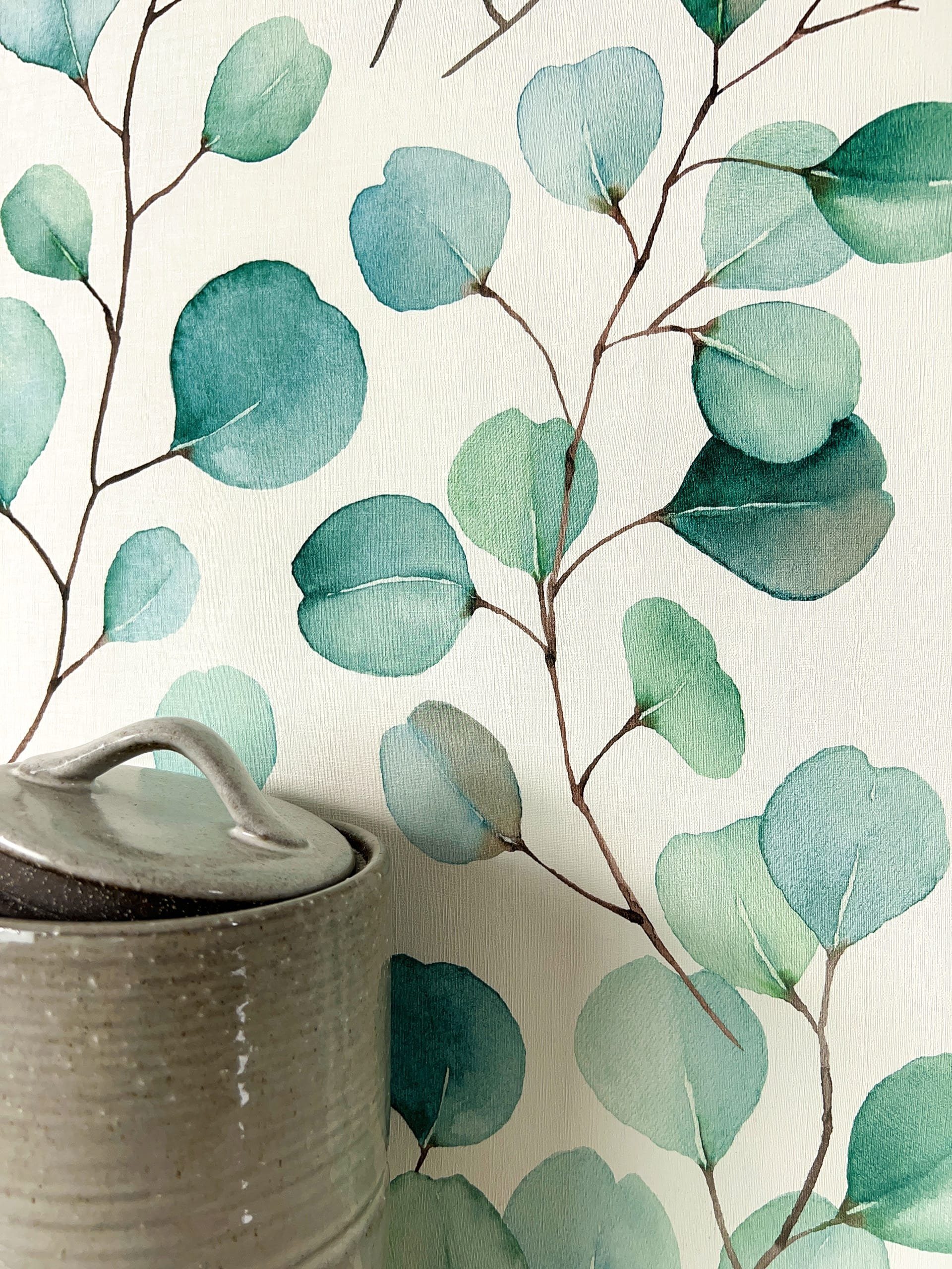 Newroom Vliestapete Leora Türkis Tapete Mustertapete Eukalyptus,Blätter,Pflanzen, Blau Tapete Floral Eukalyptus - Mustertapete Eukalyptusblätter Türkis Weiß Romantisch 3D Optik Blätter Pflanzen für Wohnzimmer Schlafzimmer Küche, Eukalyptusblätter
